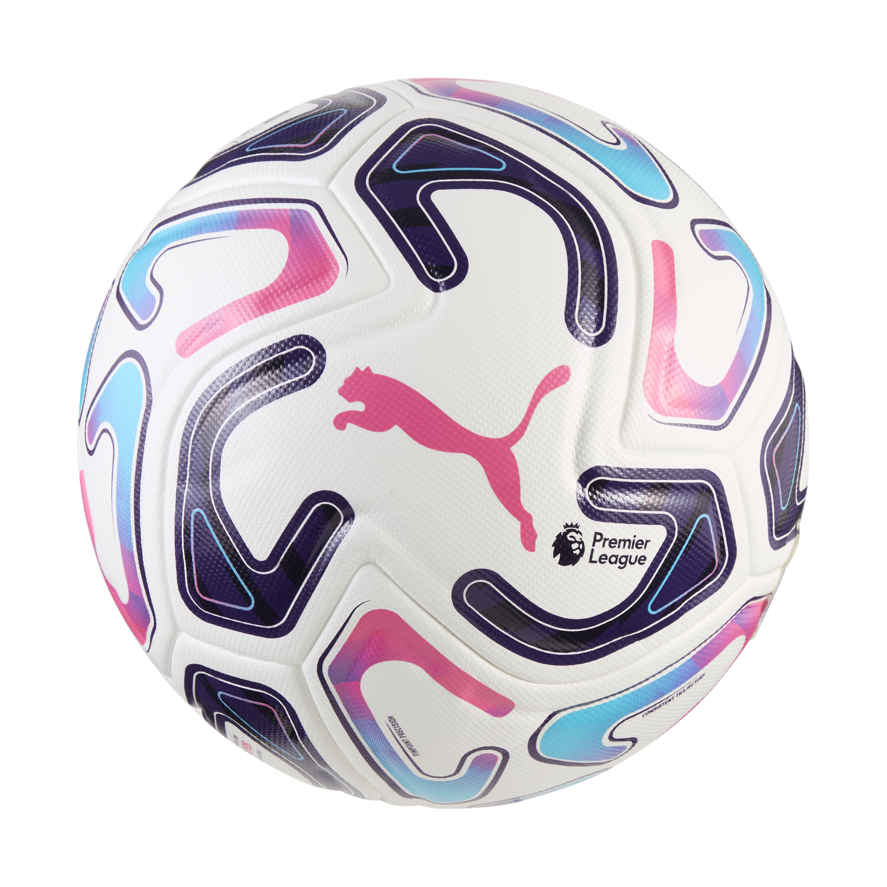 White Puma soccer ball with vibrant pink, purple, and cyan wavy graphics and the Premier League logo.