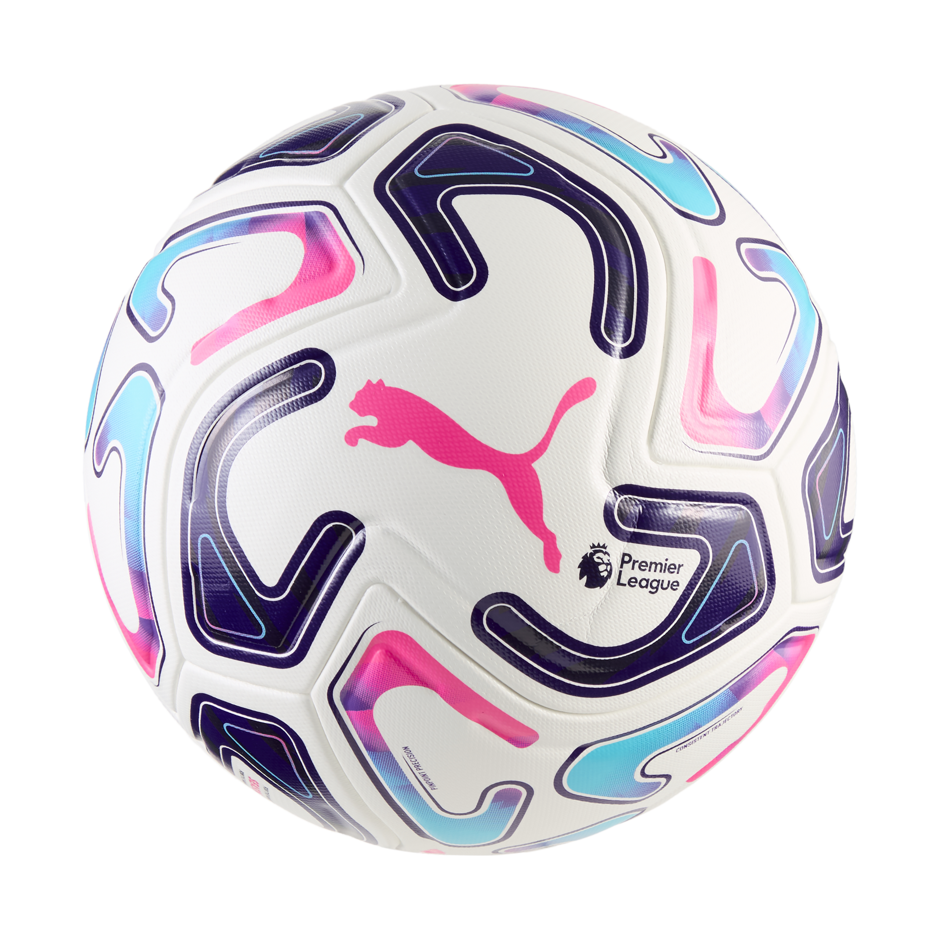 White Puma Premier League soccer ball featuring vibrant pink, blue, and purple abstract graphics and a large pink Puma logo in the center.