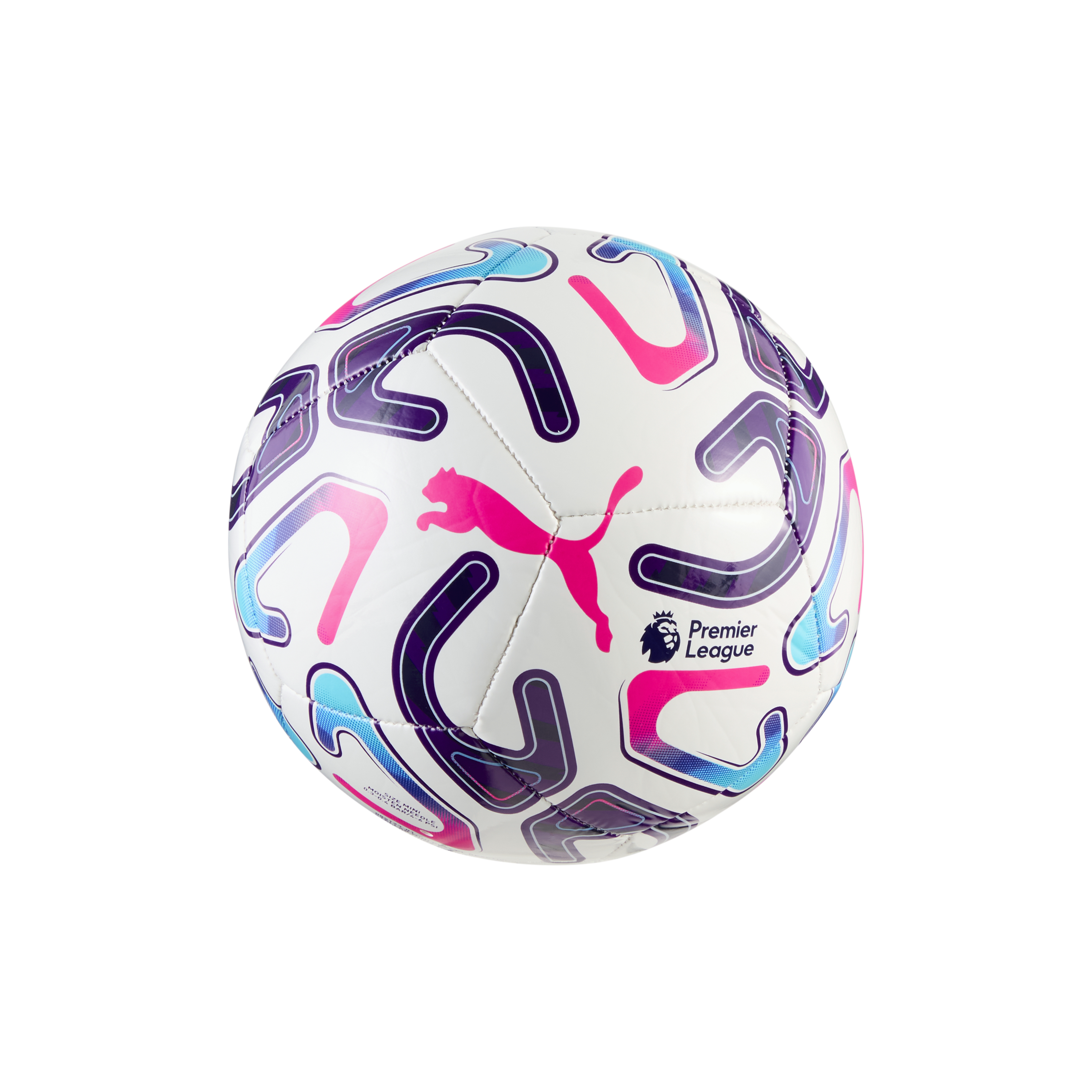 A white Puma Premier League soccer ball featuring colorful pink, purple, and blue geometric patterns.