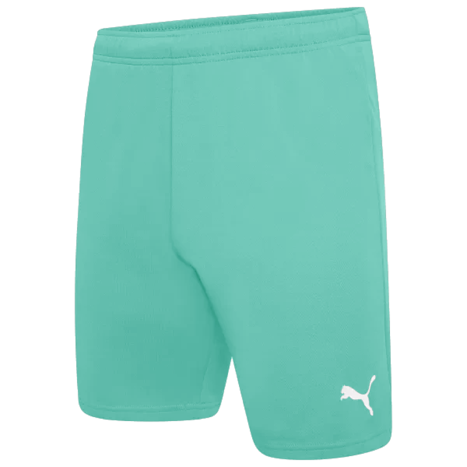 Mint green Puma athletic shorts with a white logo on the left leg.