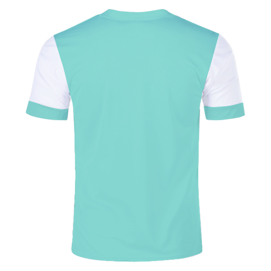 Rear view of a light teal t-shirt with white sleeves and teal cuffs, shown against a solid black background.