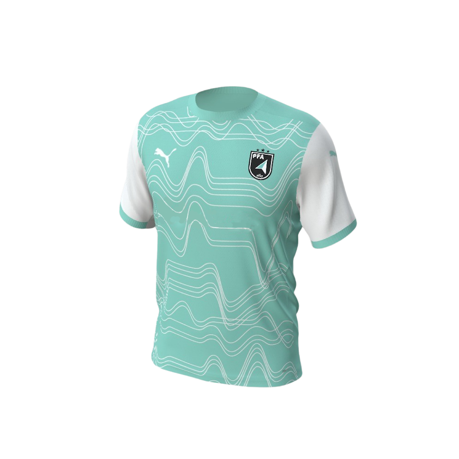 Teal Puma soccer jersey with white sleeves and white wavy line patterns across the chest. Includes a white Puma logo and a PFA team crest.