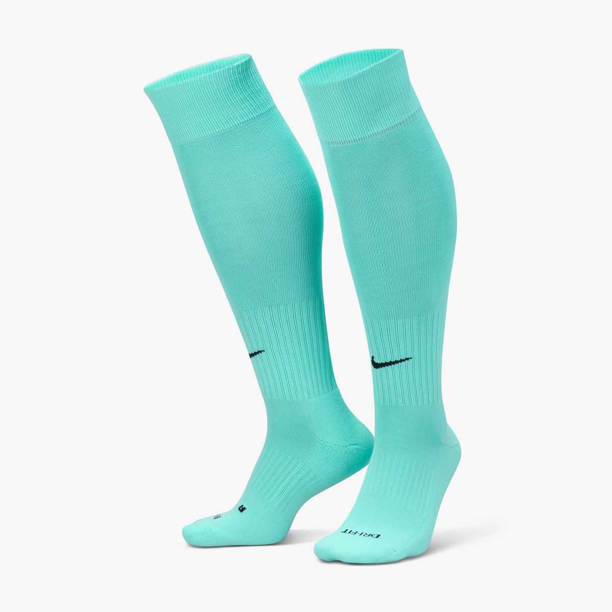 Pair of knee-high teal Nike soccer socks with a black swoosh logo on the shin and "DRI-FIT" text on the toe.