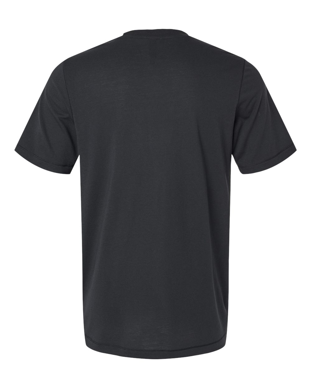 Back view of a plain, dark gray short-sleeved t-shirt against a white background.