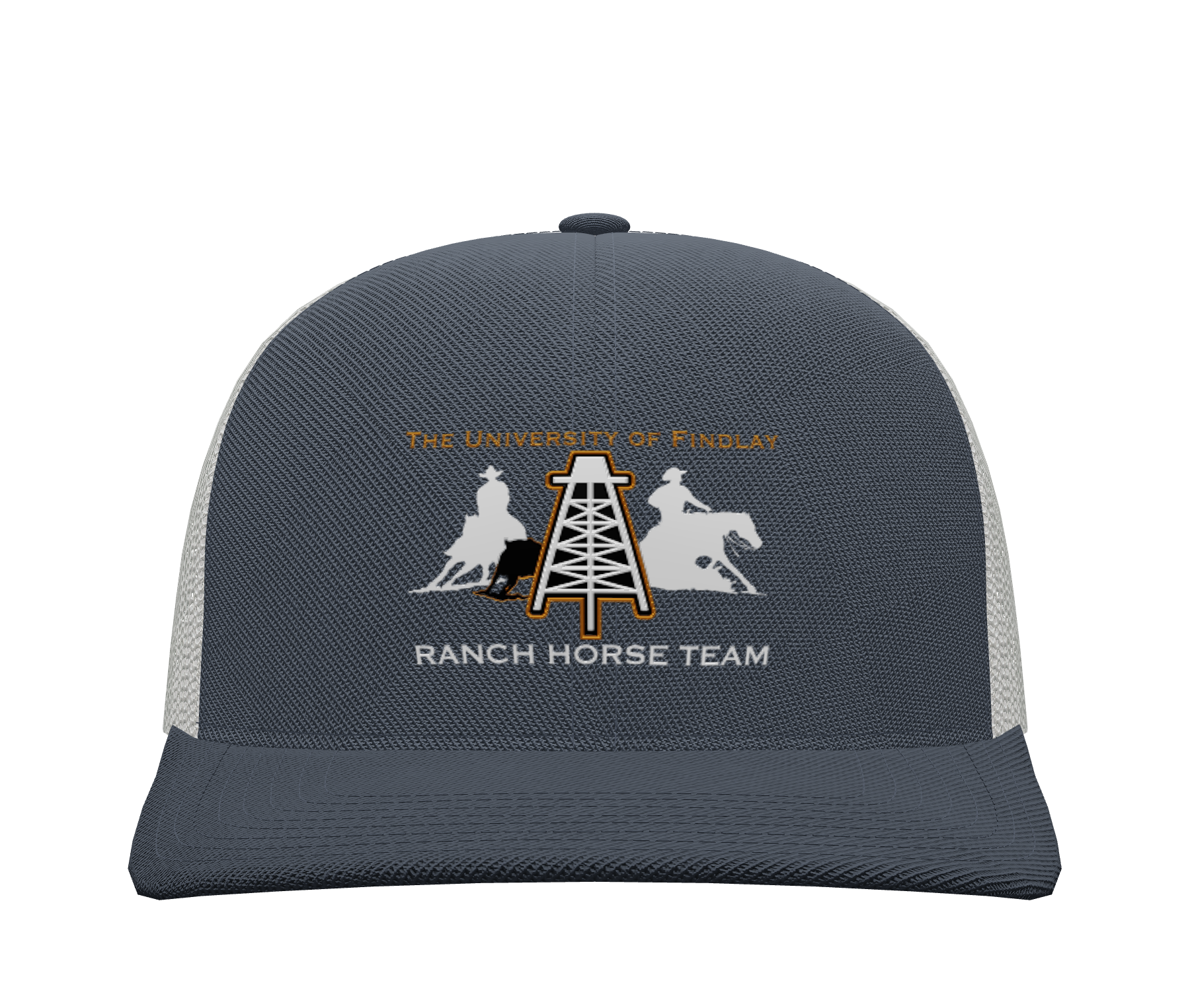 Grey trucker hat featuring The University of Findlay Ranch Horse Team logo, with an orange and white oil derrick and horse rider silhouettes.