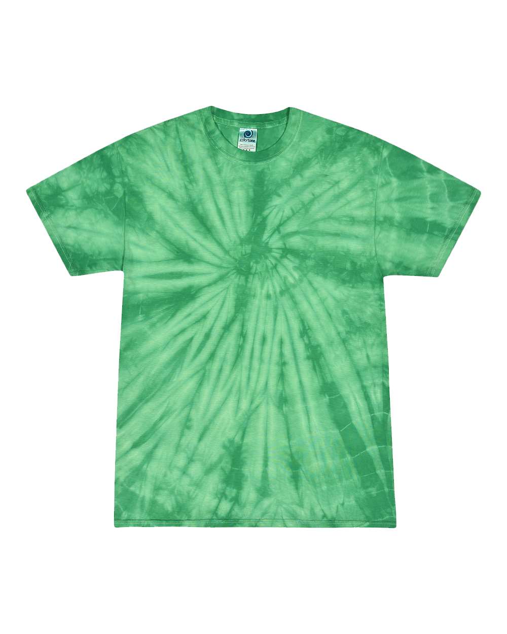 A short-sleeved t-shirt with a vibrant green spiral tie-dye pattern, shown flat against a white background.