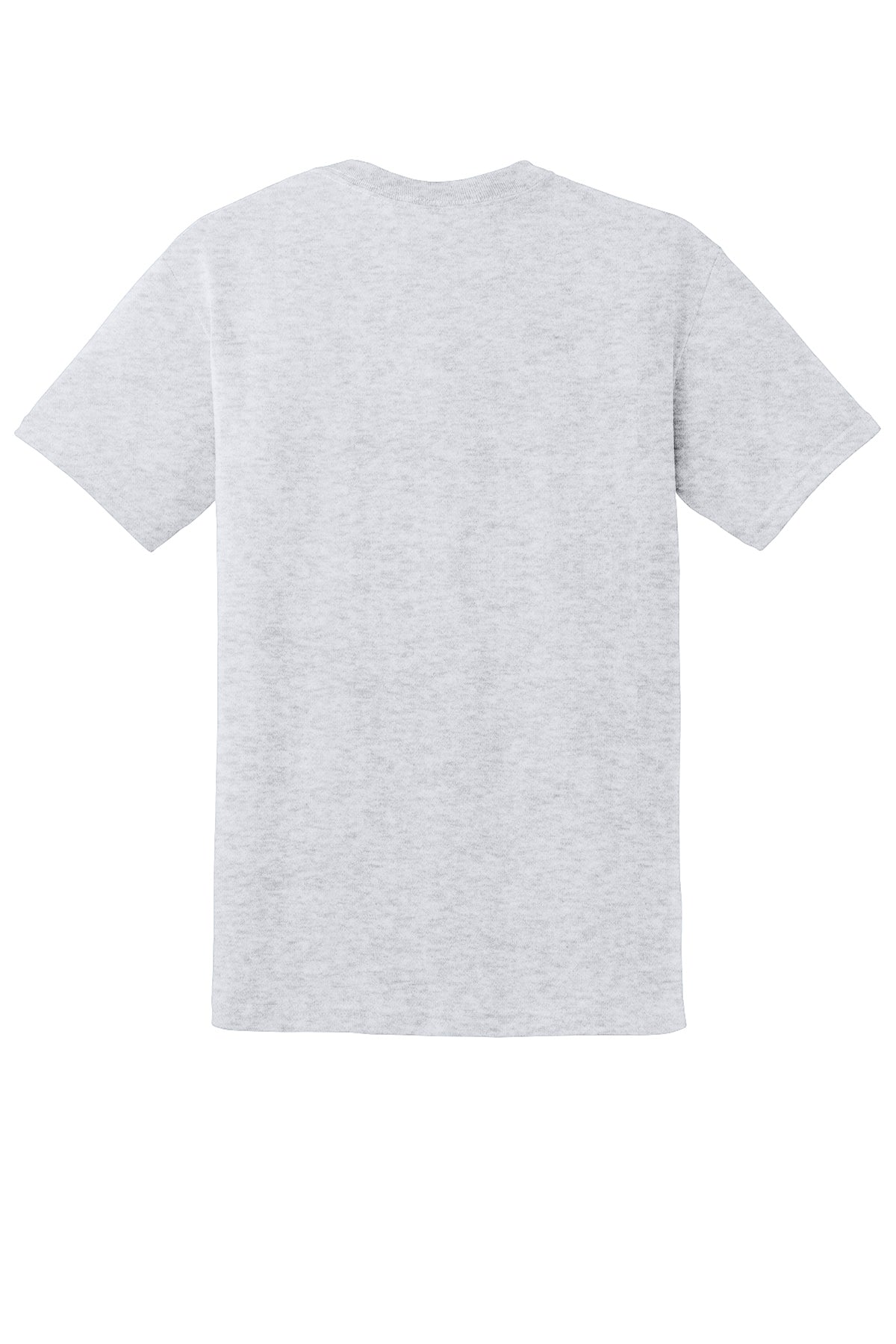 Back view of a plain light grey heather short-sleeved crewneck t-shirt.