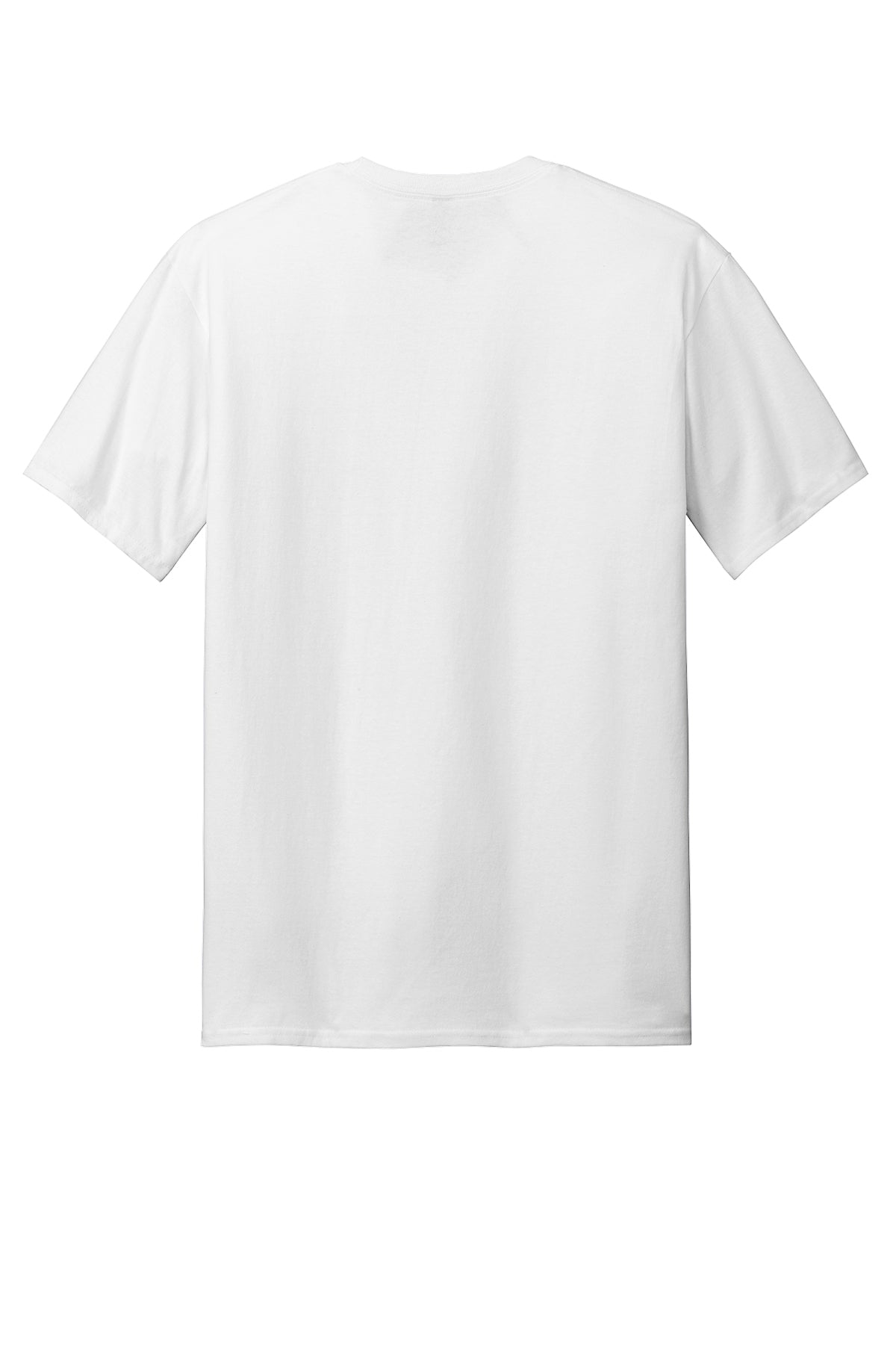 Back view of a plain white short-sleeved t-shirt against a white background.