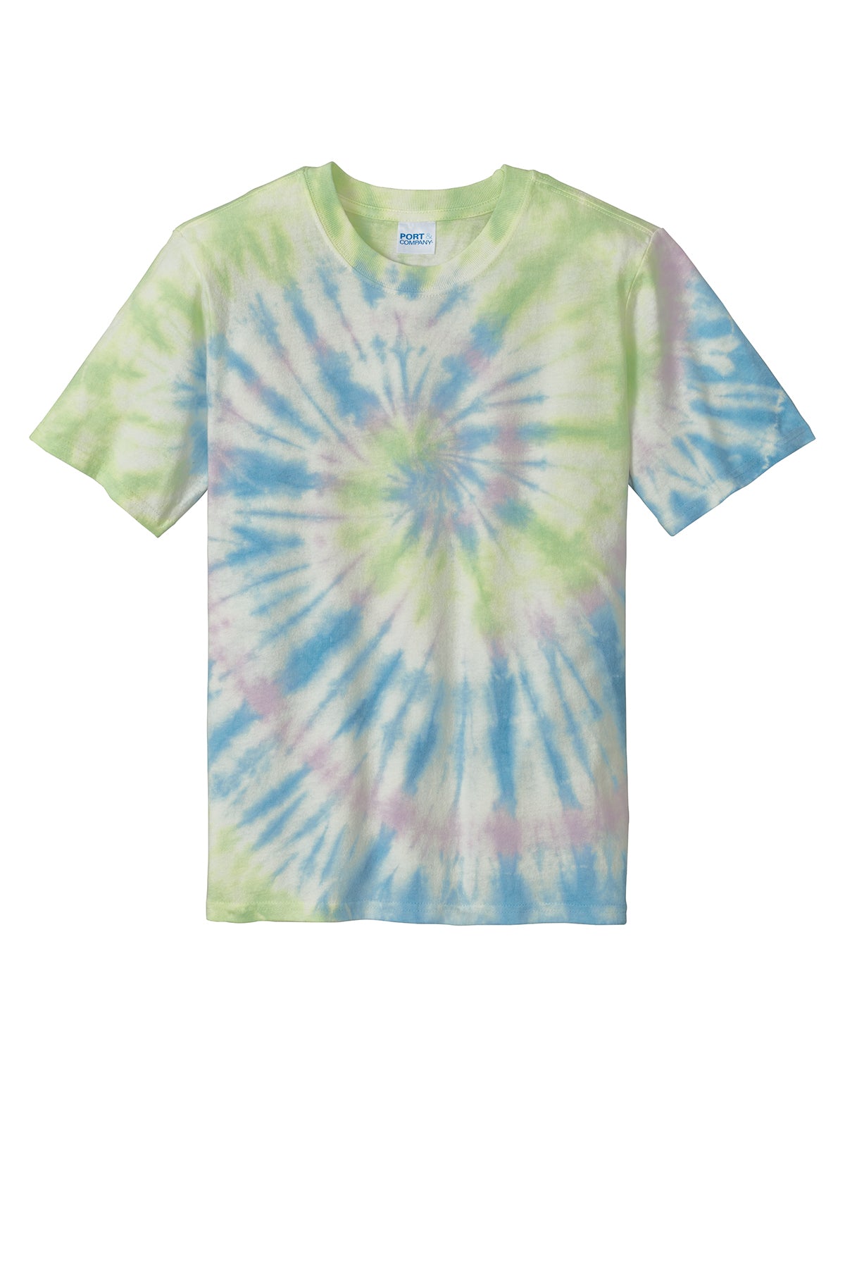 Short-sleeve crewneck t-shirt with a pastel tie-dye spiral pattern in blue, green, and pink.