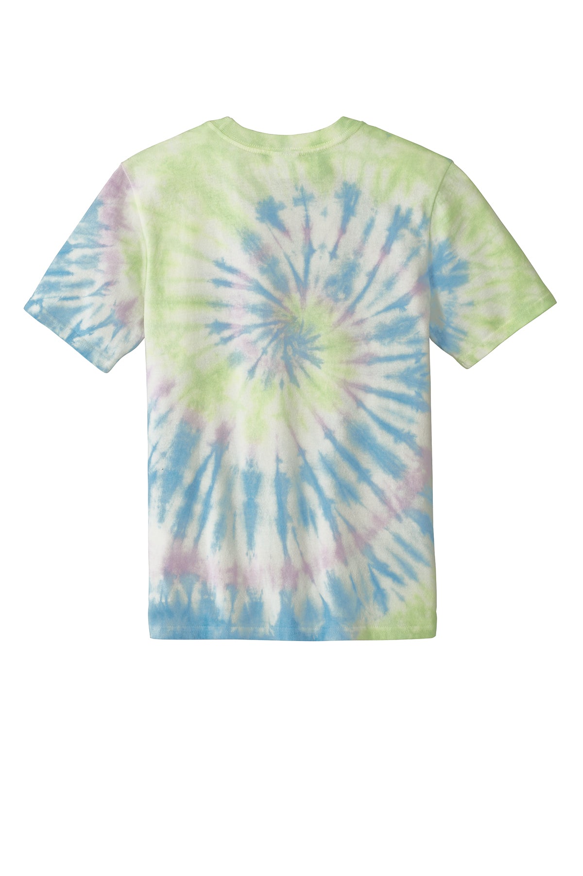 Back of a short-sleeved t-shirt with a pastel tie-dye spiral pattern in light green, blue, and purple on a white background.