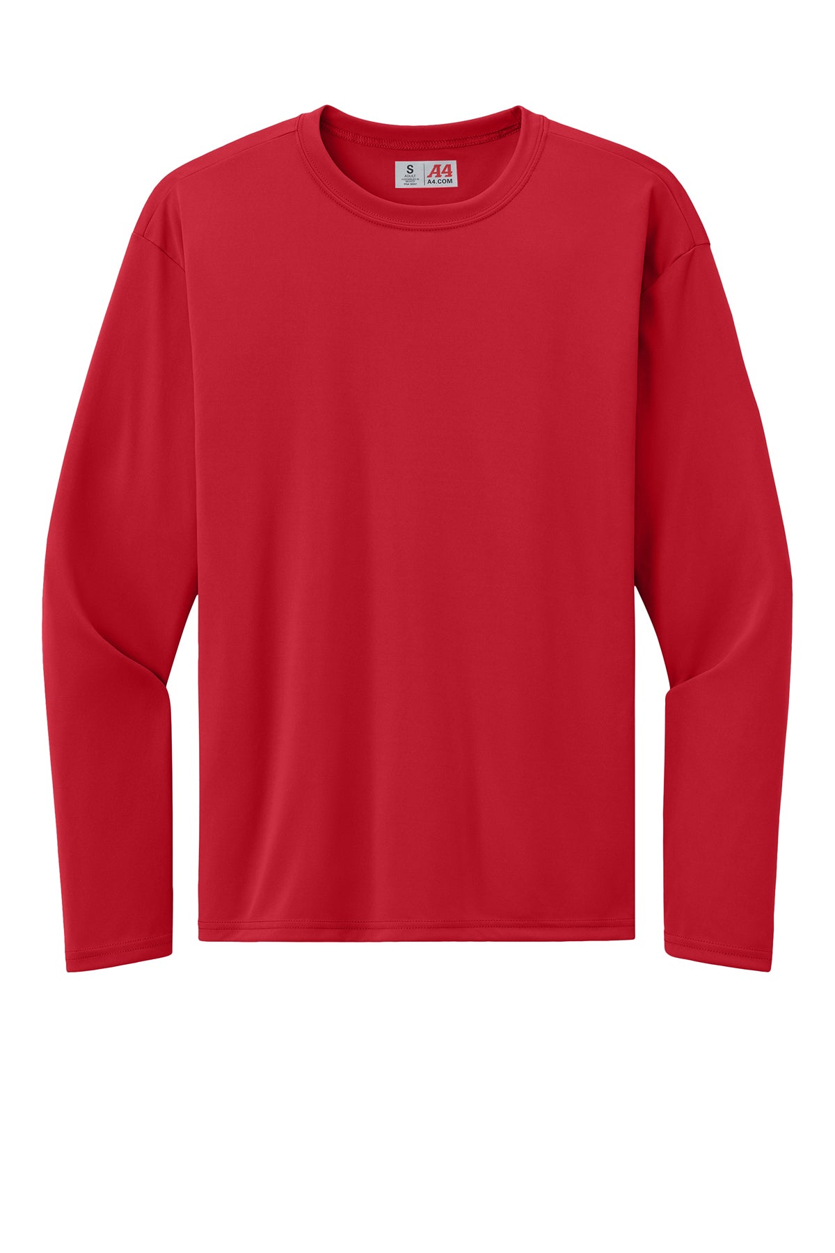 Plain red long-sleeved crewneck performance t-shirt with a white brand label inside the collar.