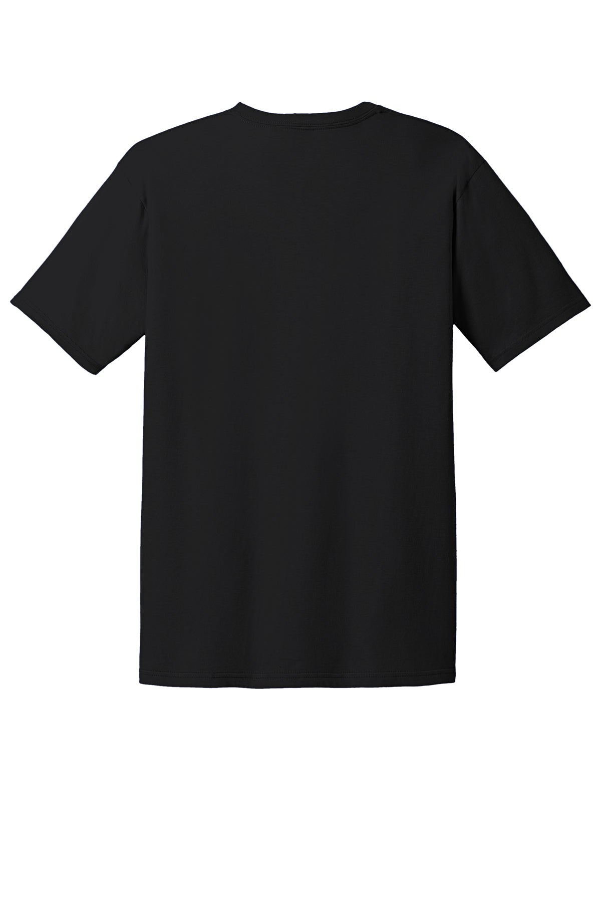 Rear view of a plain black, short-sleeved crew neck t-shirt shown against a white background.