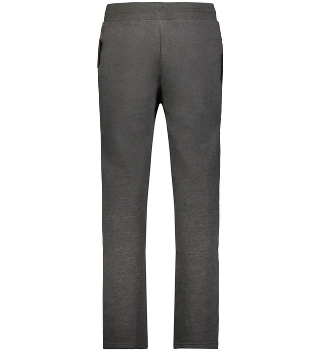 Charcoal grey straight-leg sweatpants featuring an elastic waistband and side pockets. The fabric has a subtle heathered texture.