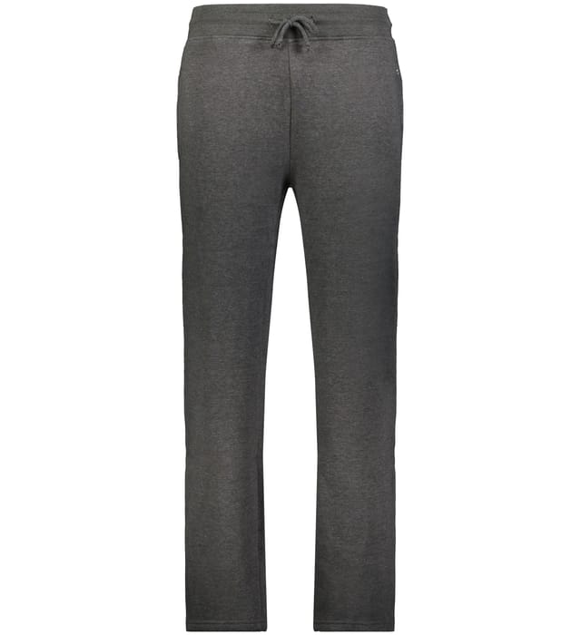 A pair of dark grey sweatpants with a tied drawstring at the elastic waistband and straight legs, shown flat against a white background.
