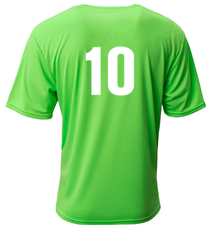 The back of a lime green short-sleeved sports jersey with a large white number "10" printed in the center.