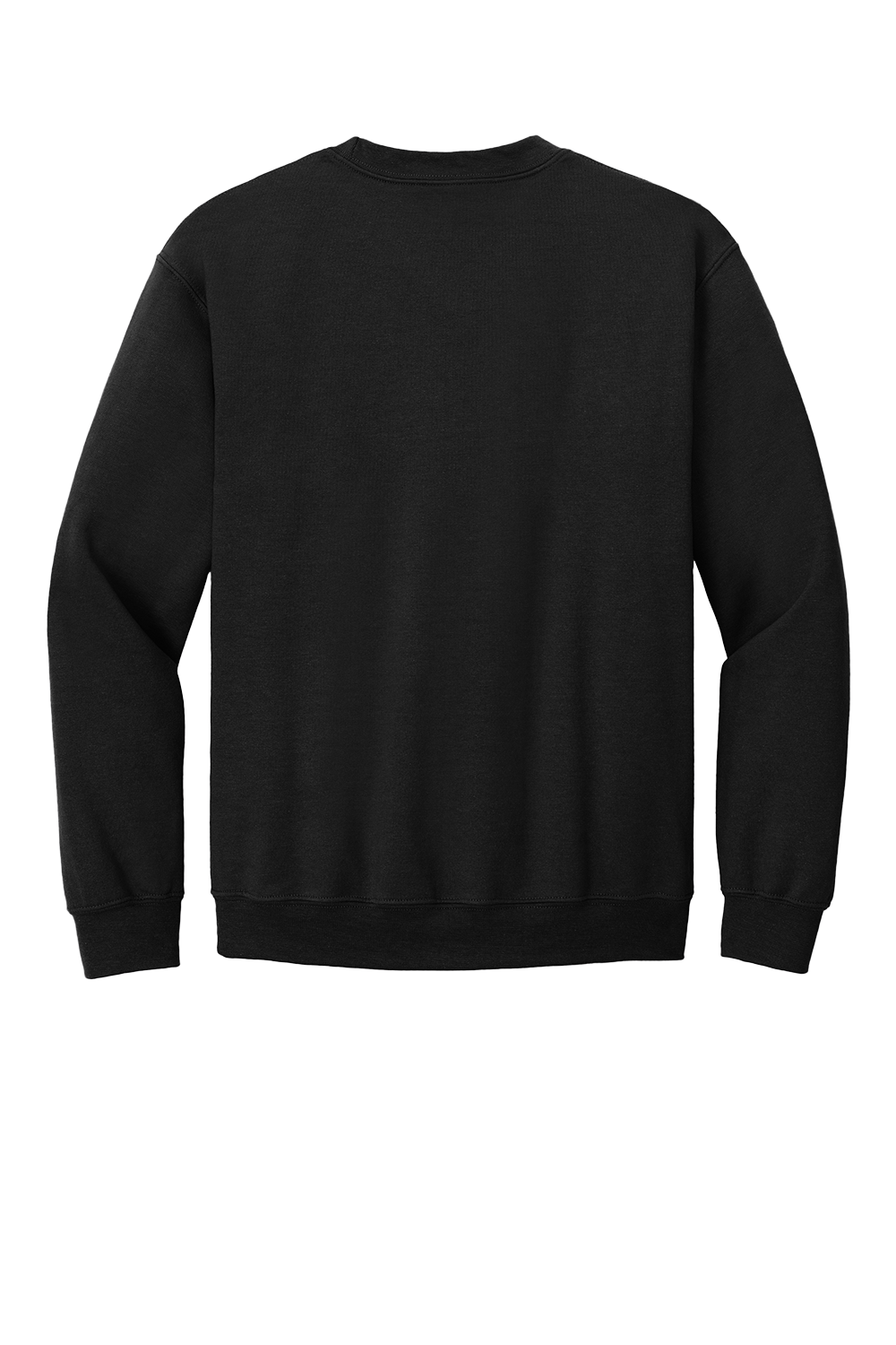 Back view of a plain black crewneck sweatshirt with long sleeves, ribbed cuffs, and a ribbed hem.