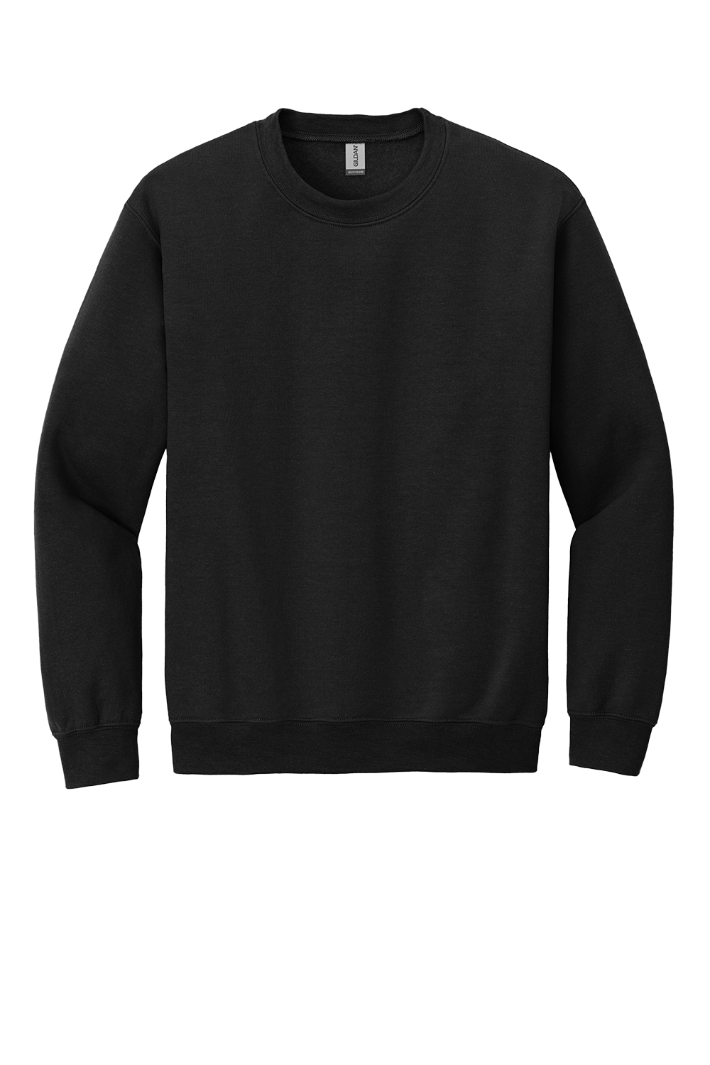 A plain black long-sleeved crewneck sweatshirt is displayed flat against a white background. It features ribbed cuffs and a ribbed hem.