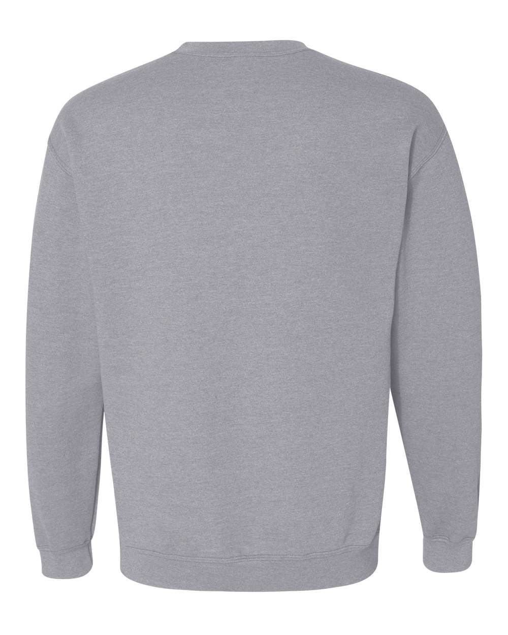 Back view of a Gildan Heavy Blend Crewneck Sweatshirt in Sport Grey (Kearny) featuring long sleeves with ribbed cuffs and a matching ribbed hemline.