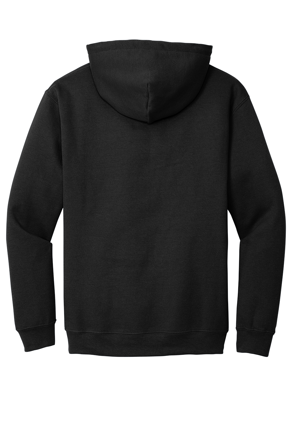 Back view of a plain black hooded sweatshirt with ribbed cuffs and hem.