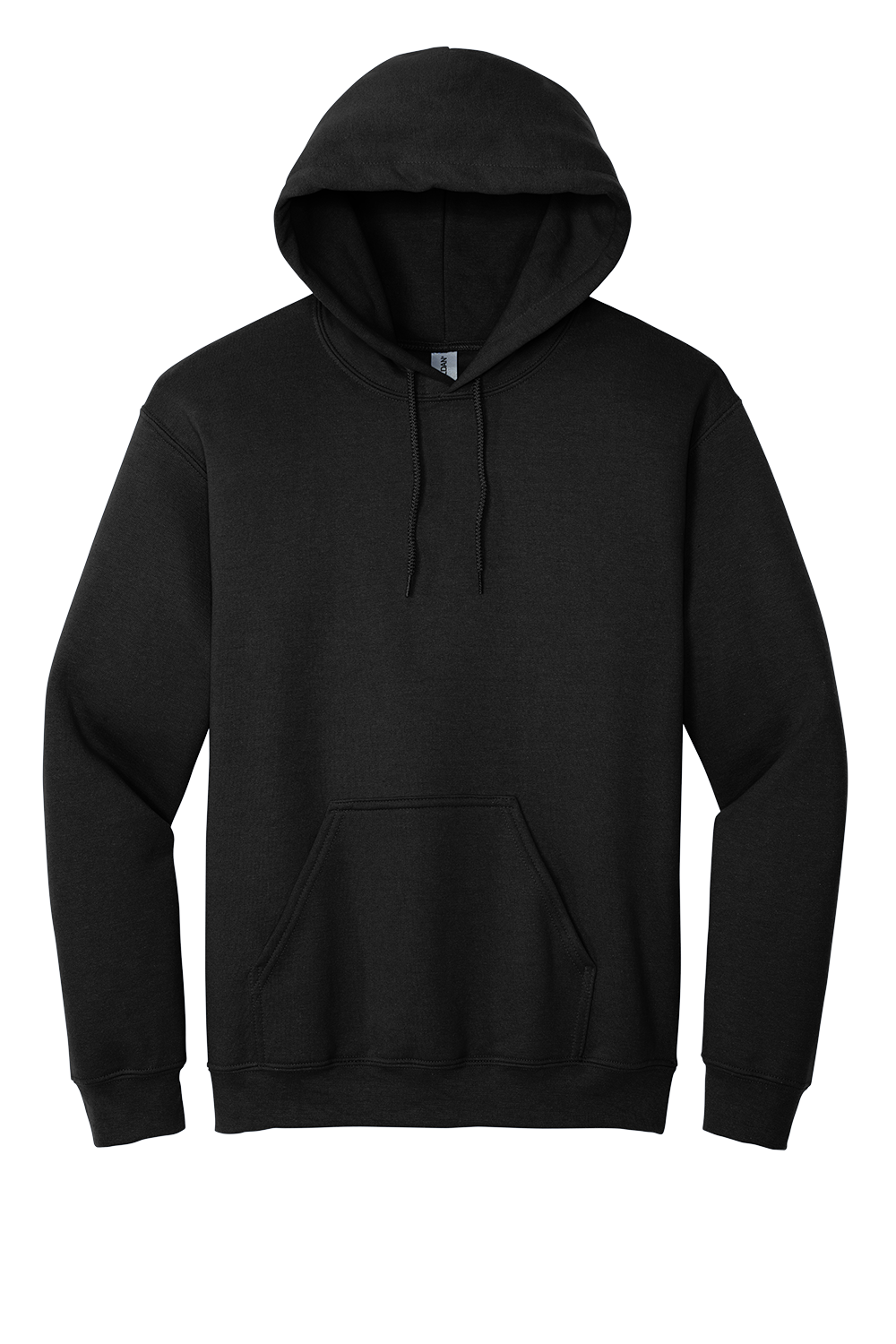 A front-facing view of a plain black long-sleeve hooded sweatshirt with drawstrings and a front kangaroo pocket, isolated on a white background.
