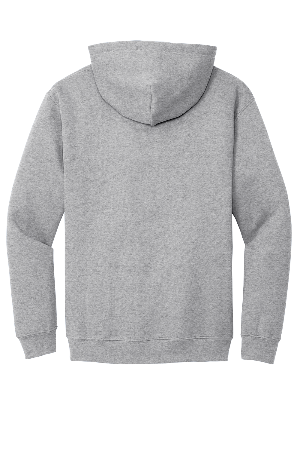 Back view of a plain heather gray pullover hoodie with long sleeves, ribbed cuffs, and a ribbed waistband against a white background.