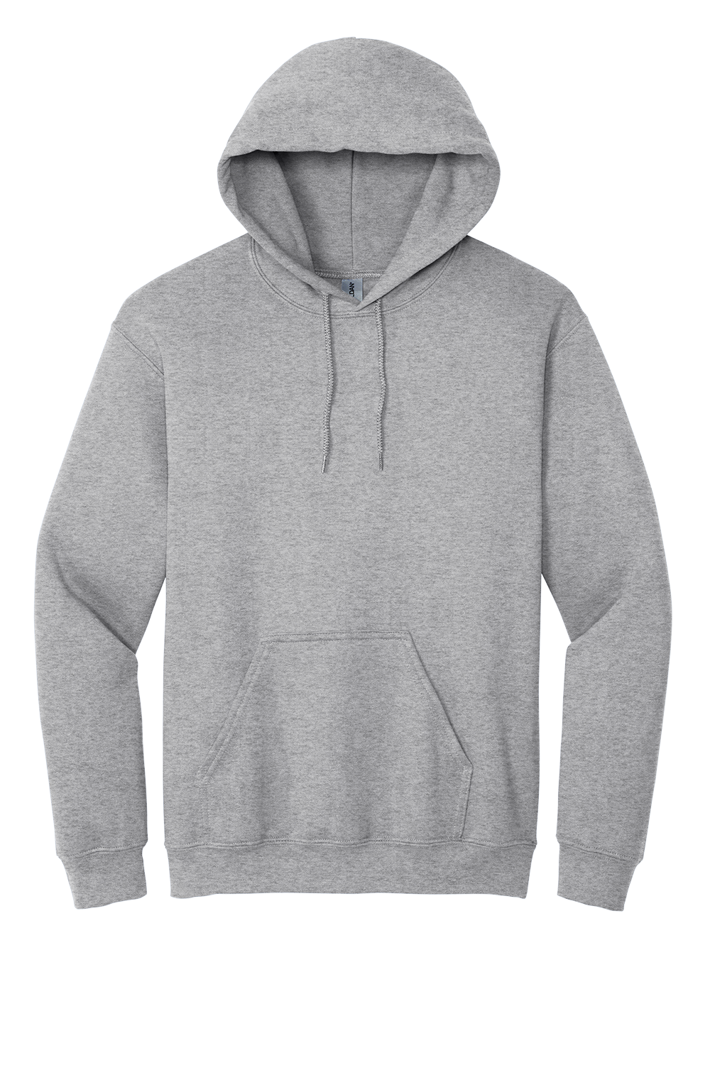 A front-facing view of a plain heather gray long-sleeved hooded sweatshirt with drawstrings and a front kangaroo pocket, isolated on a white background.