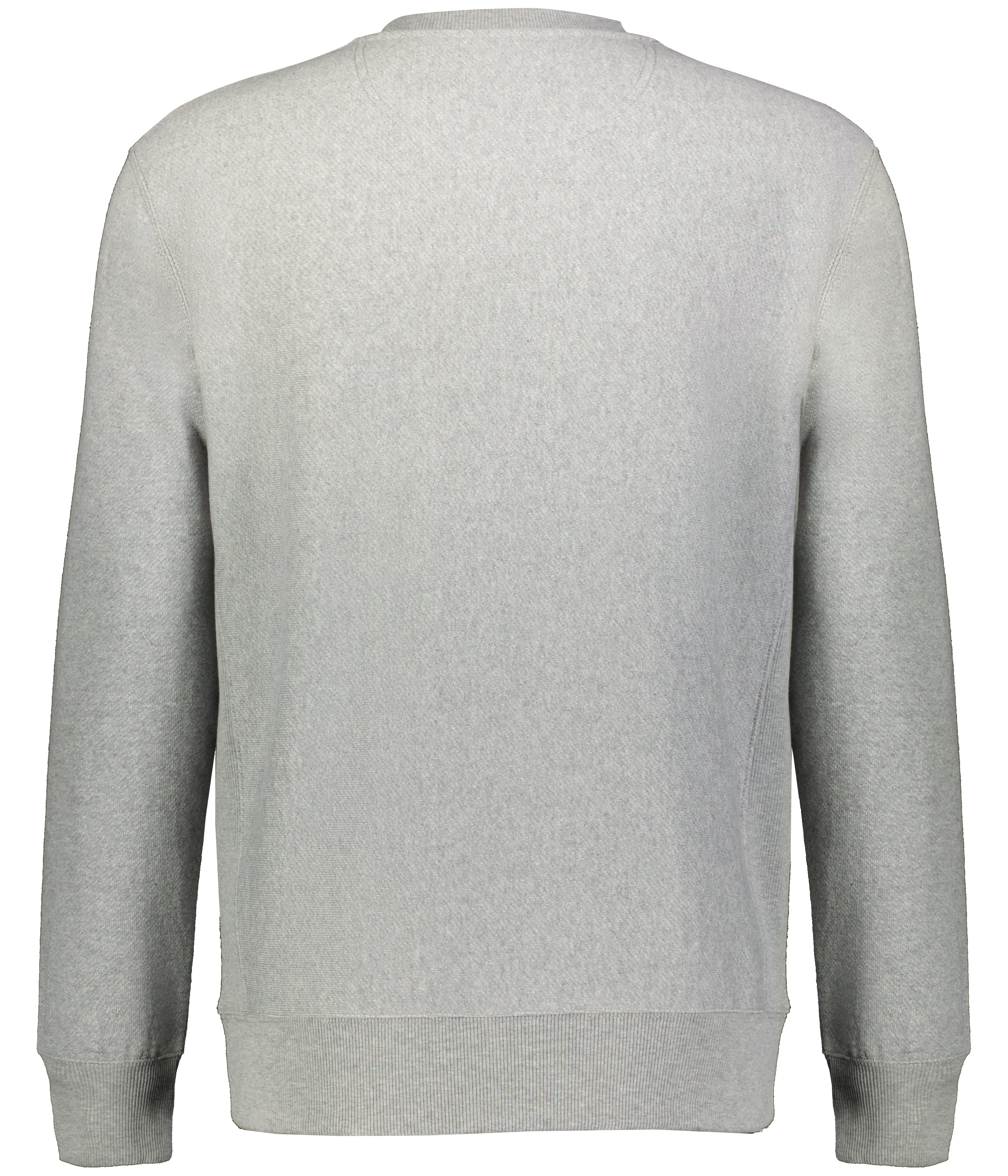 Back view of a grey long-sleeved crew neck sweatshirt with ribbed cuffs and hem.