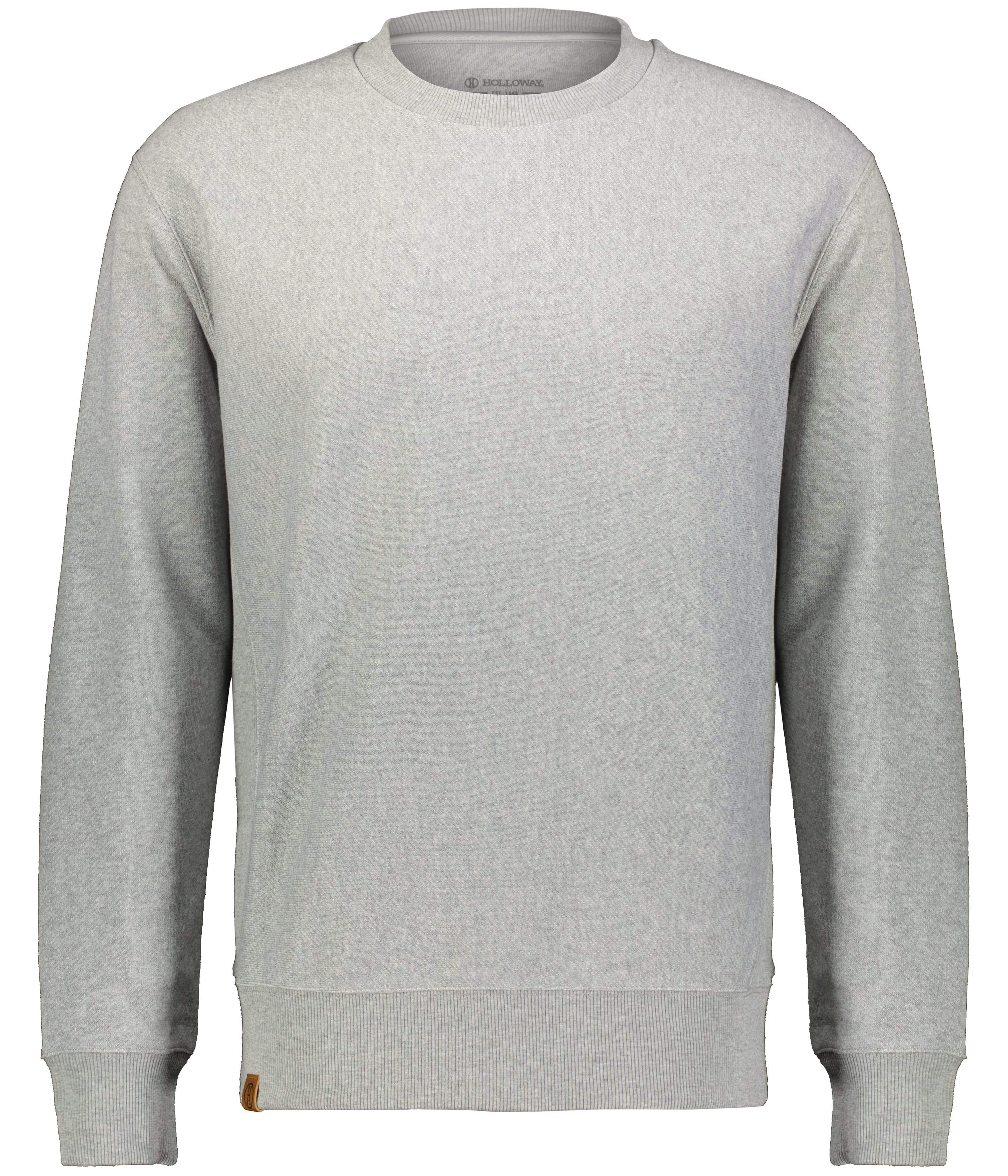 A light grey long-sleeved crewneck sweatshirt with ribbed cuffs and hem.