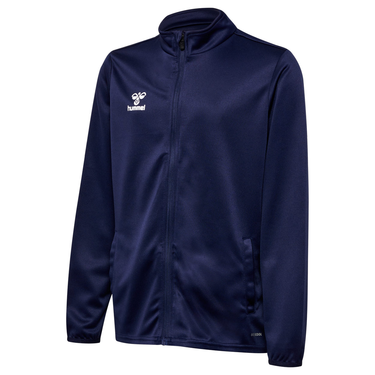 A navy blue Hummel full-zip athletic jacket featuring a white logo on the left chest, a mock neck collar, and side pockets.