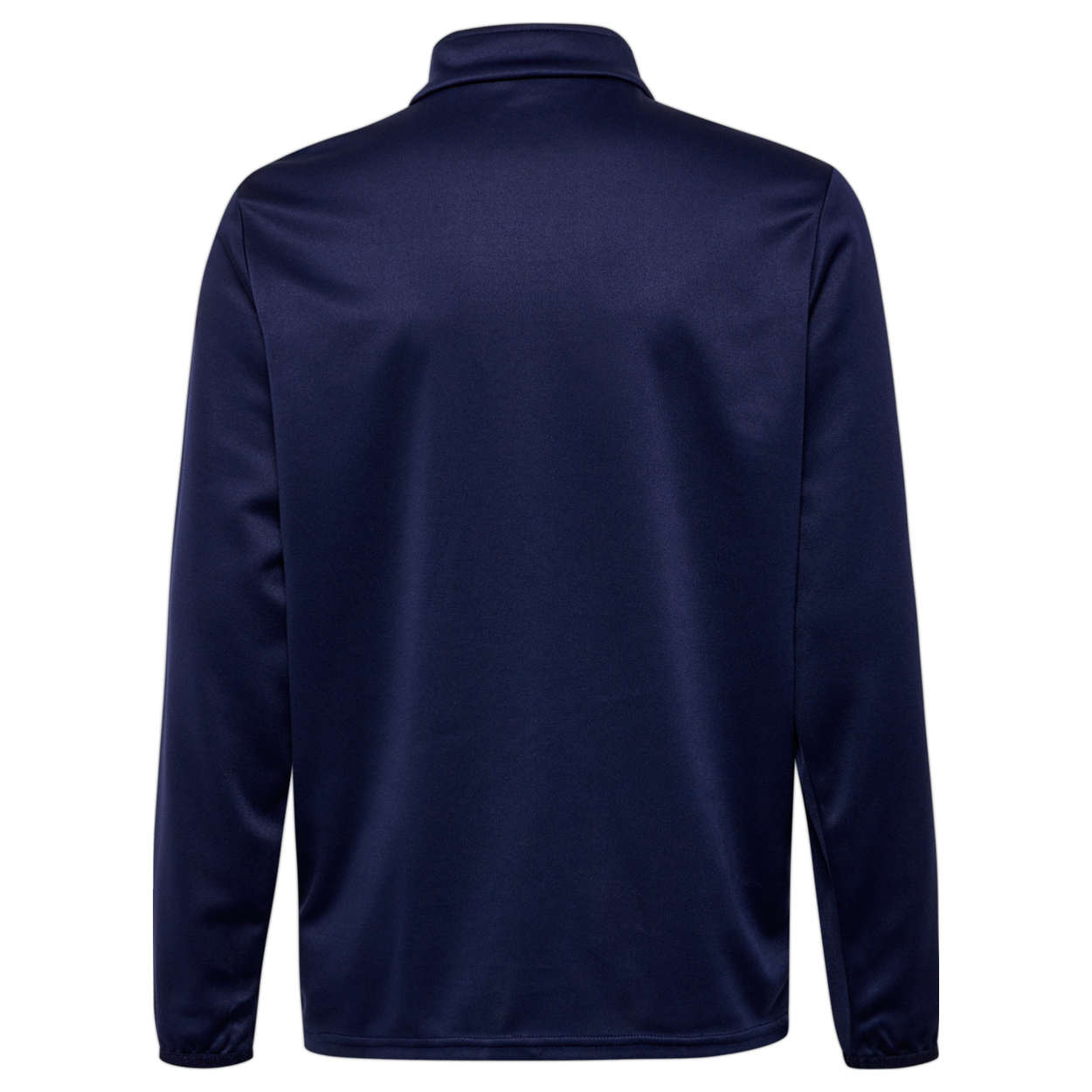Back view of a navy blue long-sleeved athletic pullover with a high collar against a black background.