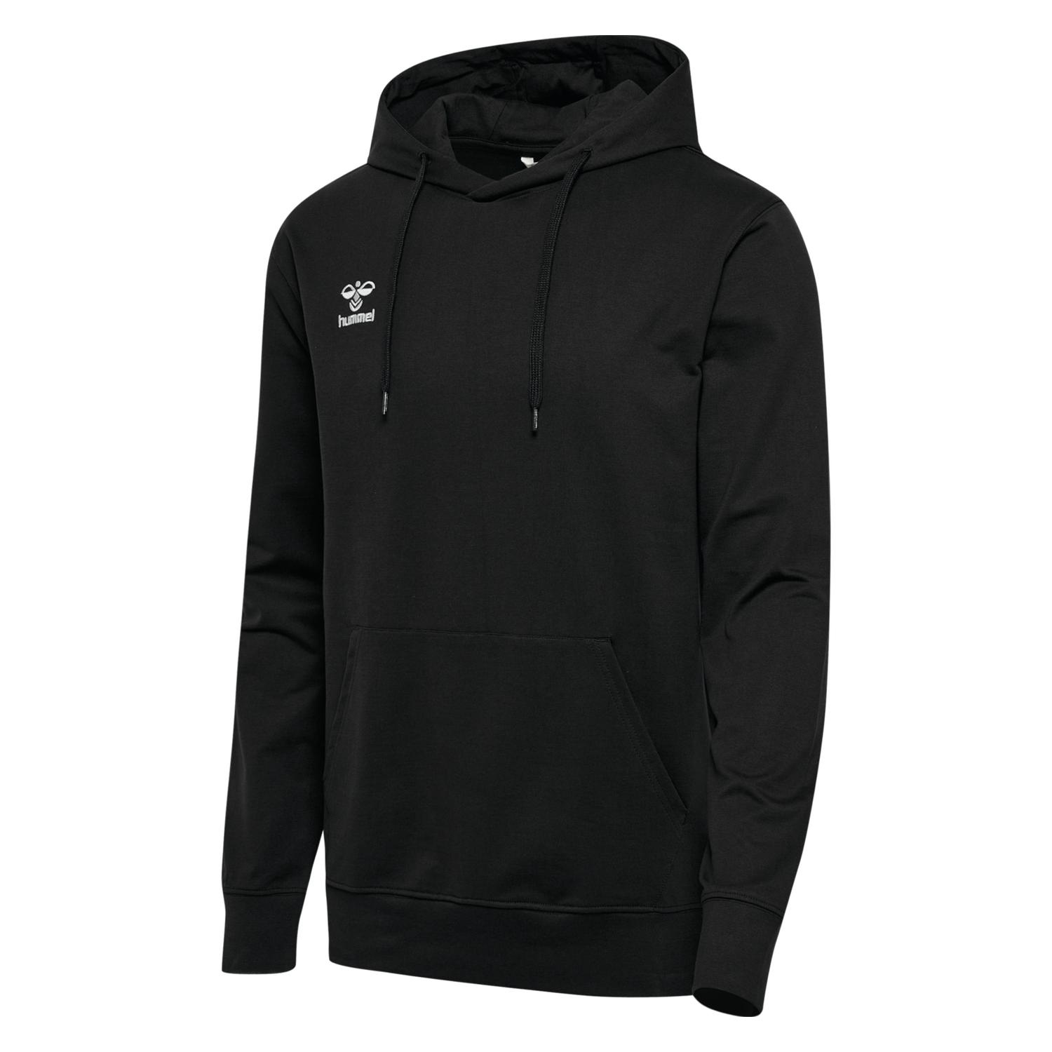 Black Hummel hoodie with a drawstring hood, kangaroo pocket, and small white logo on the left chest.