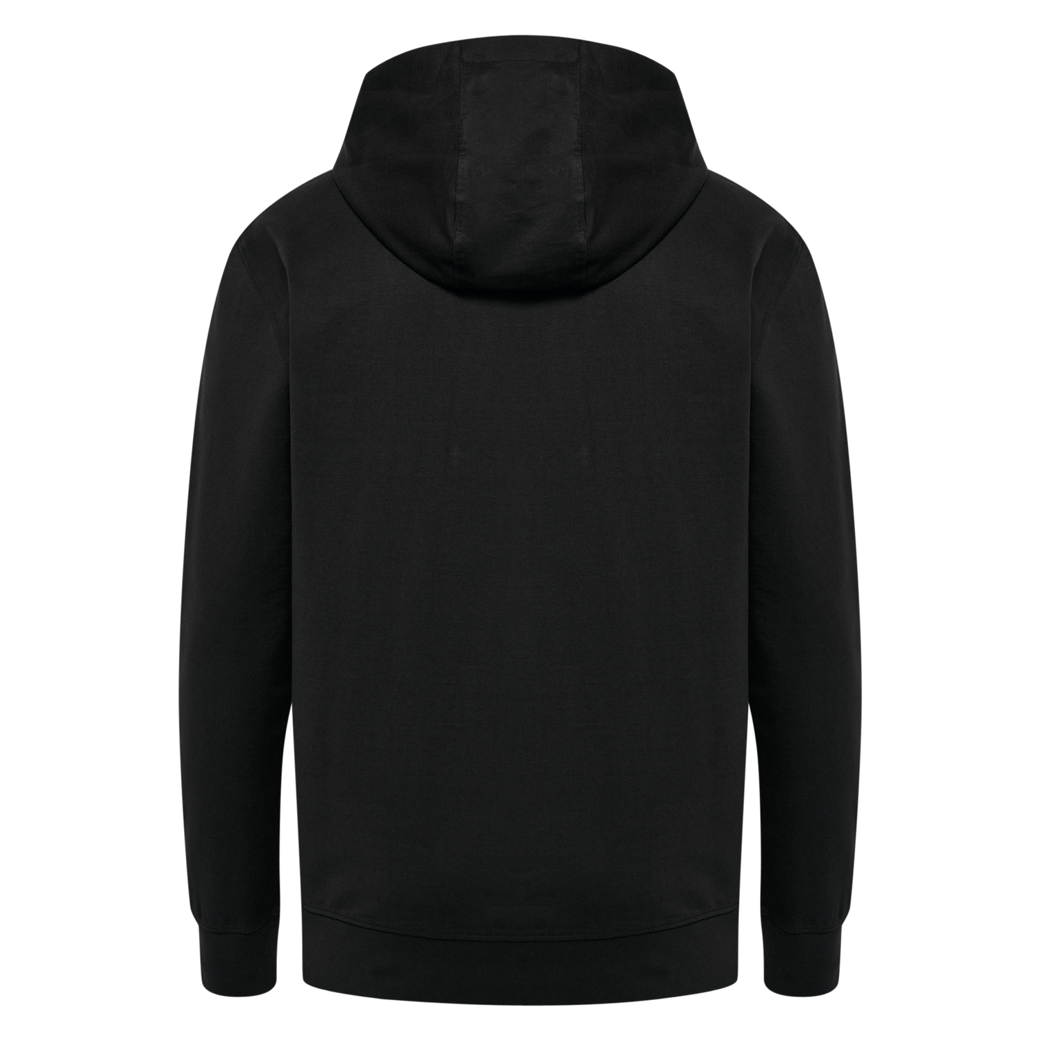 Rear view of a plain black hoodie with long sleeves and ribbed cuffs and hem.