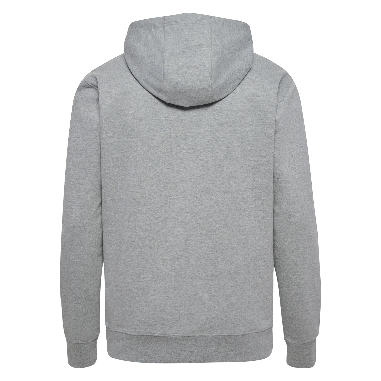 Back view of a plain grey heathered long-sleeved hoodie with ribbed cuffs and hem.