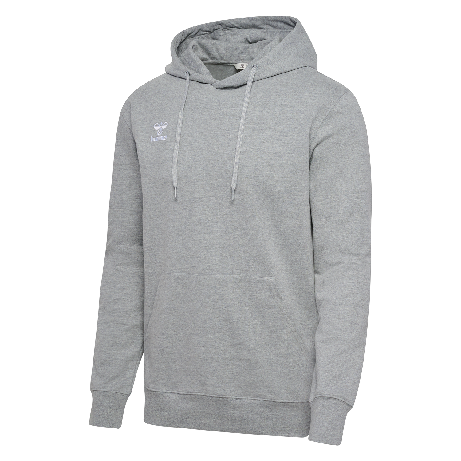 A light grey heathered hoodie by Hummel, featuring a drawstring hood, kangaroo pocket, and white logo on the chest.