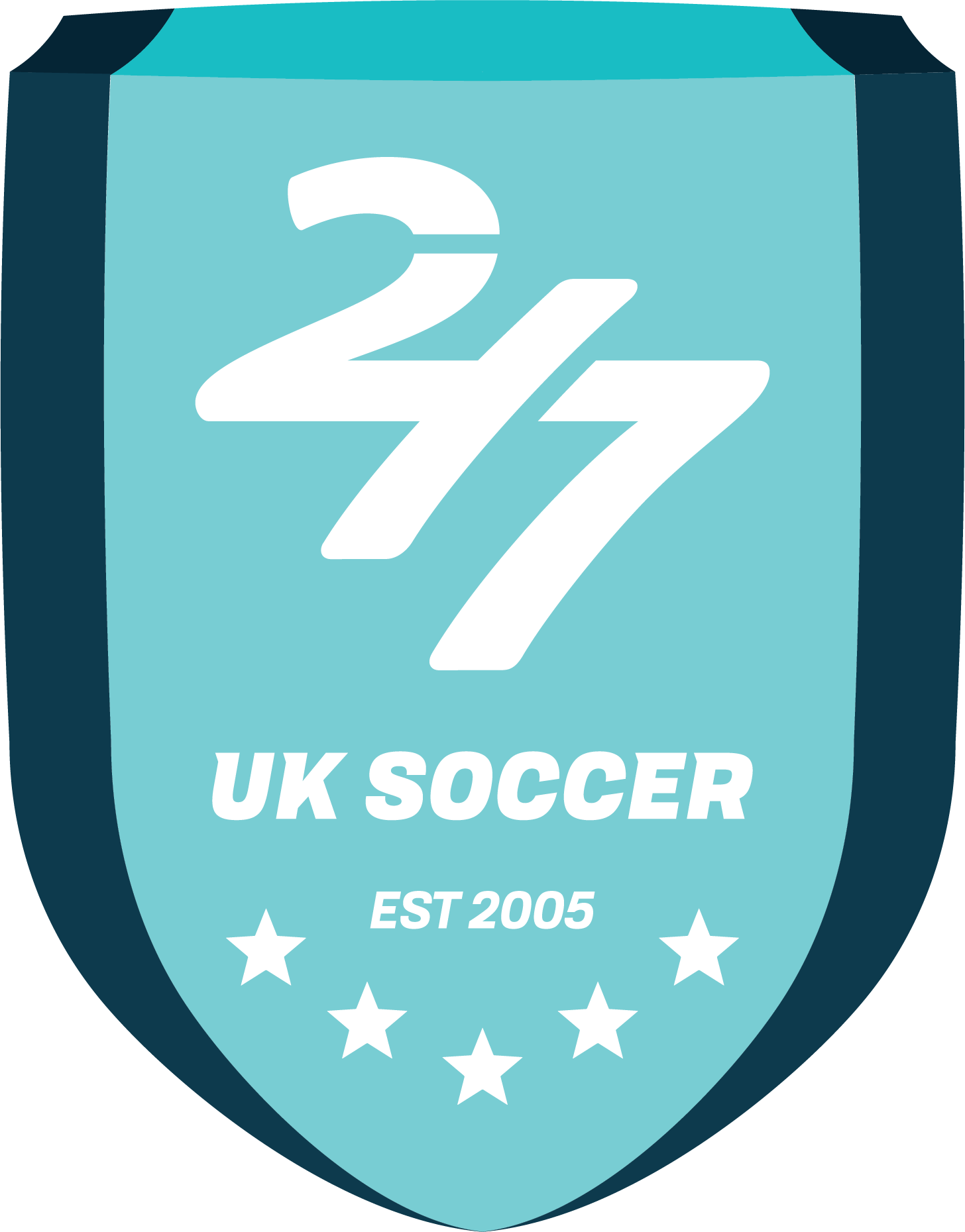 A teal and navy shield logo for UK Soccer featuring a large stylized '24/7', the text 'UK SOCCER' and 'EST 2005', and five white stars.