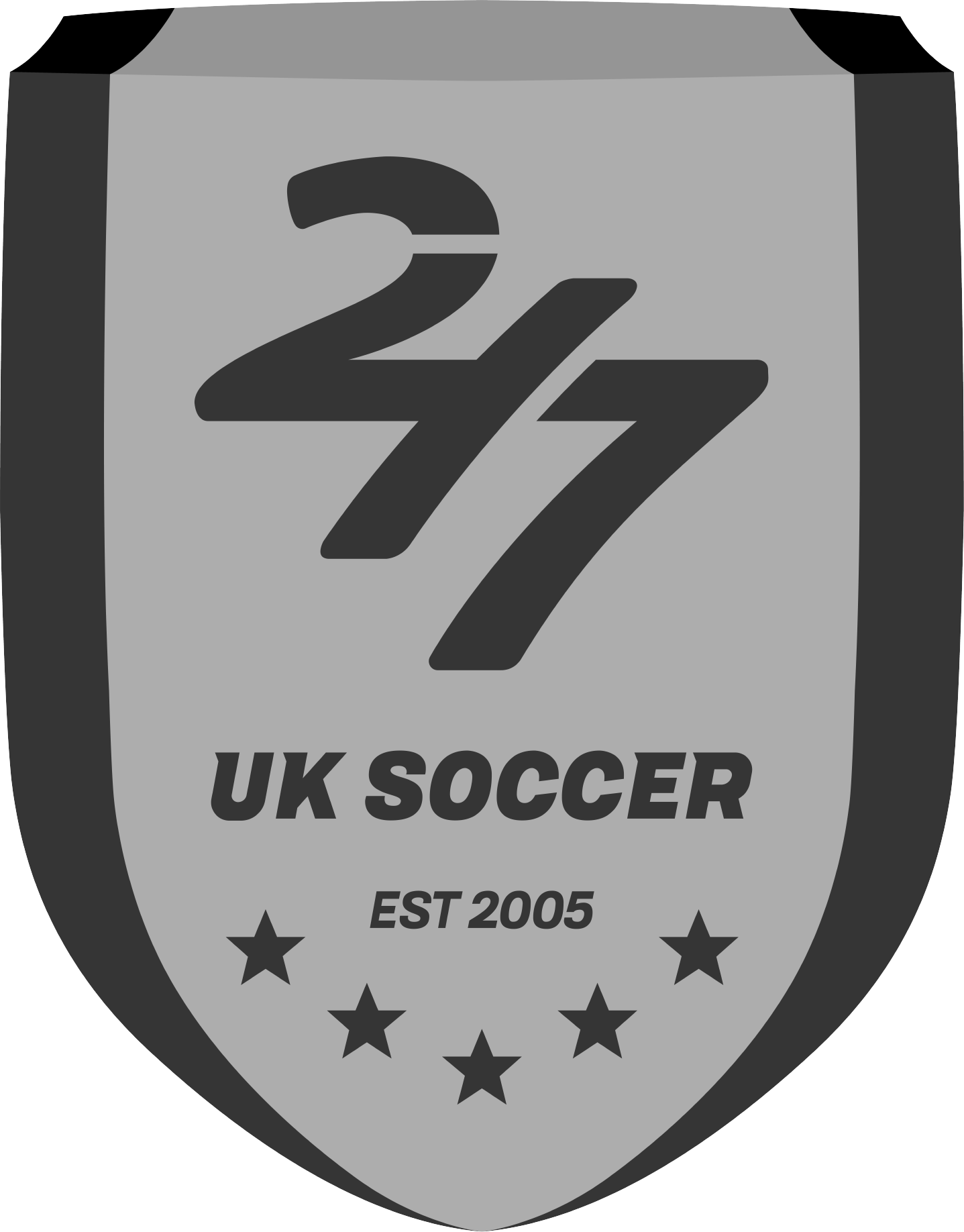 A grayscale shield logo featuring a stylized "24/7" above the text "UK SOCCER EST 2005" and five stars arranged in an arc at the bottom.