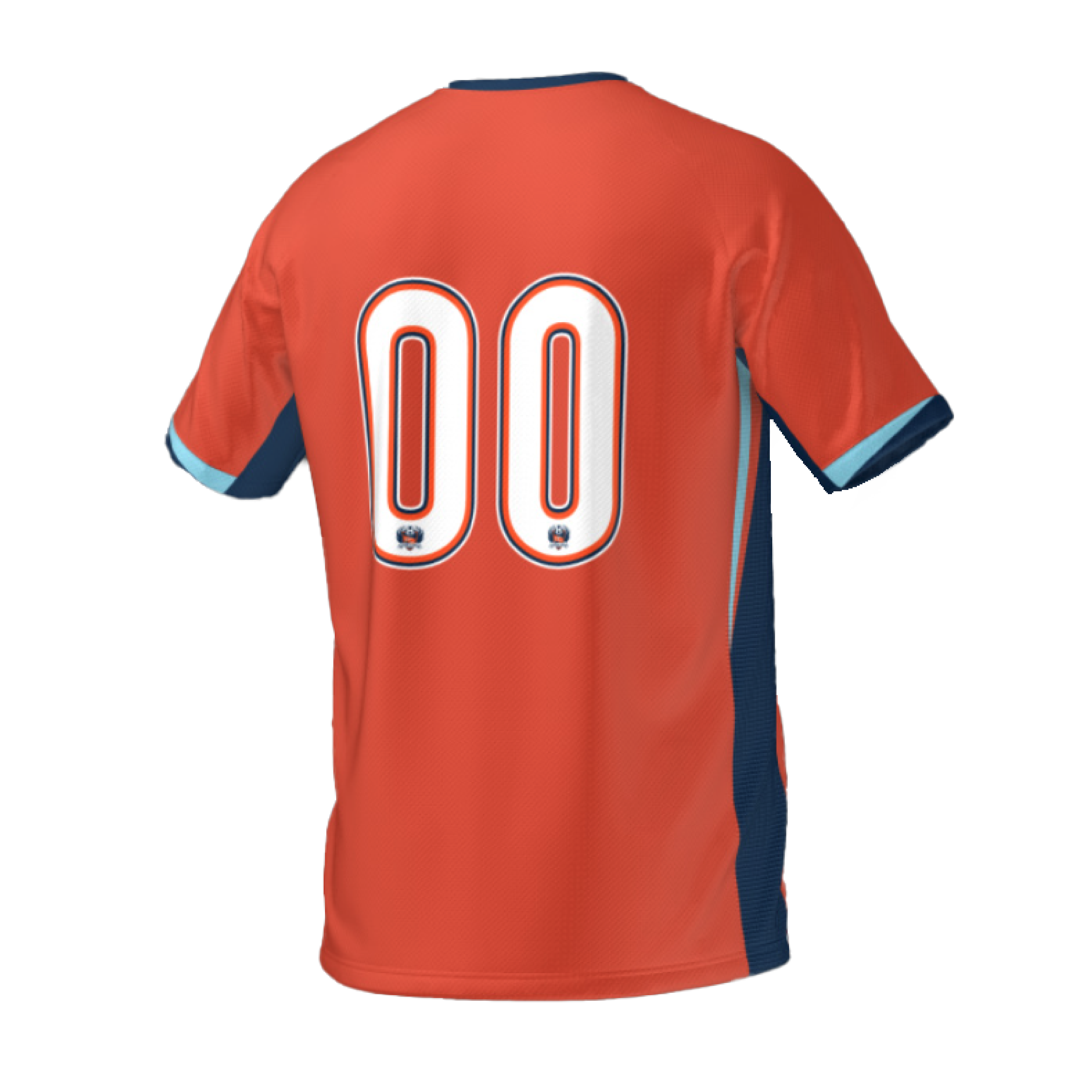 Back view of a bright orange sports jersey featuring a large white "00" with navy trim. Navy and light blue accents are on the collar, sleeves, and sides.