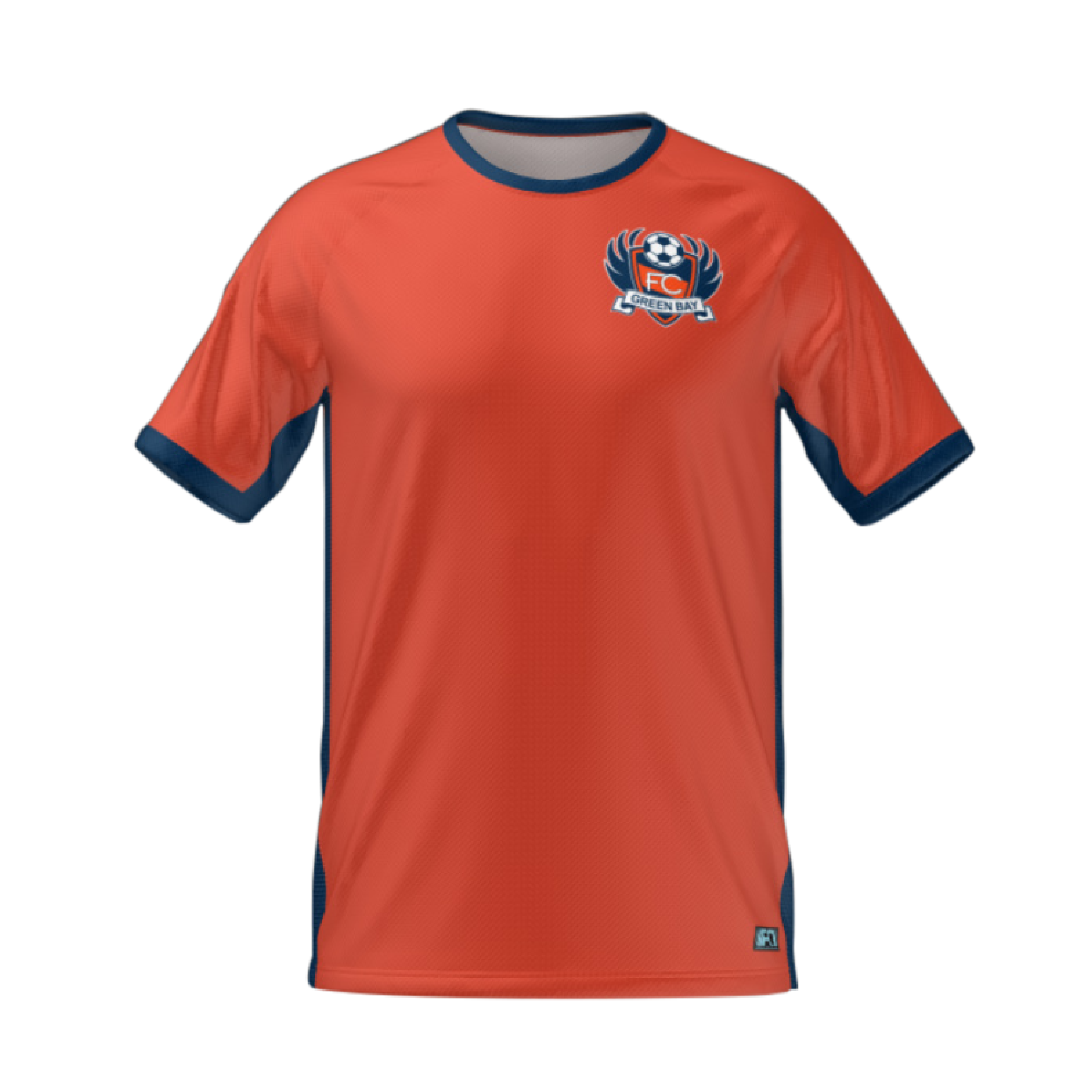 An orange short-sleeved soccer jersey with navy blue trim and an FC Green Bay logo on the left chest.