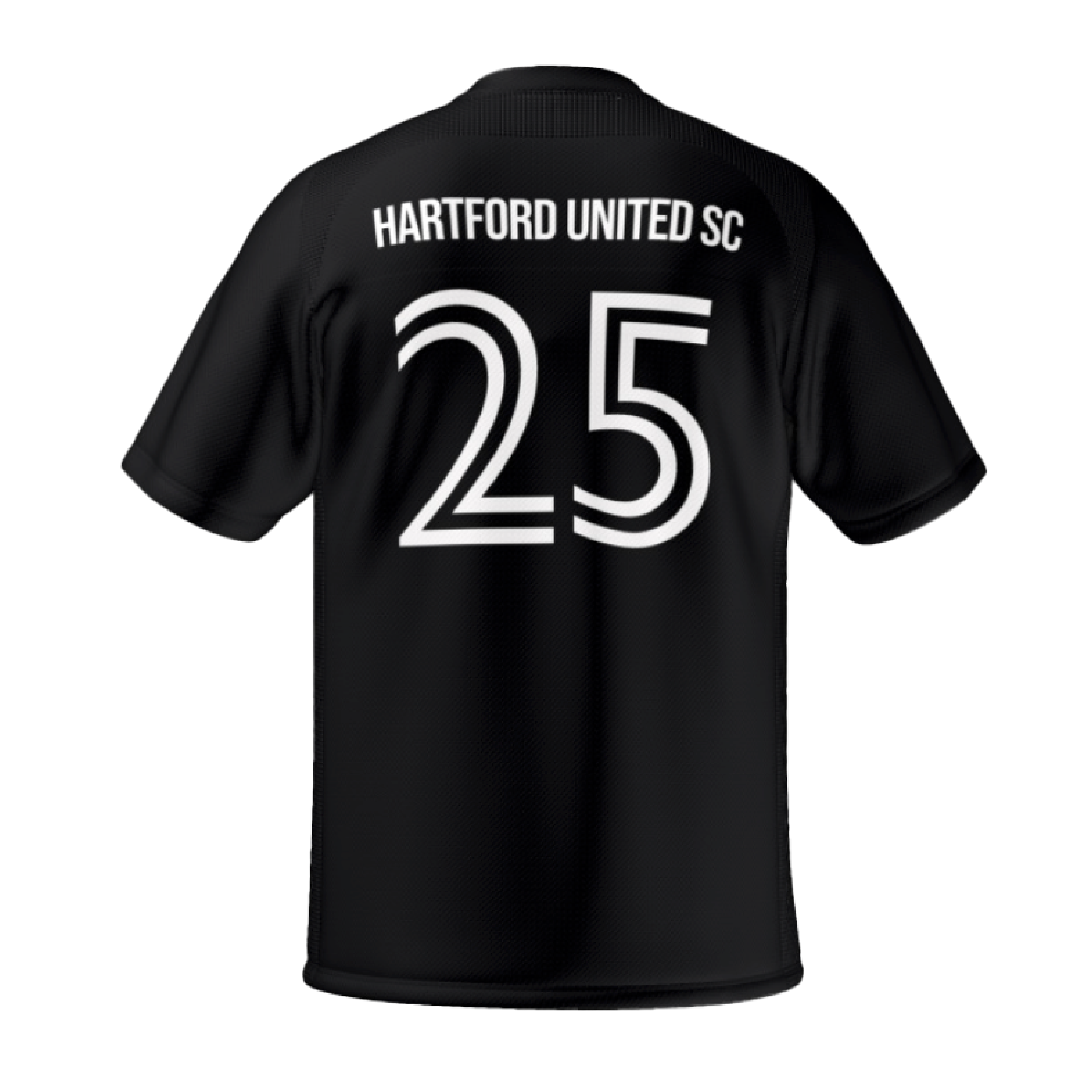 Back view of a black soccer jersey with "HARTFORD UNITED SC" in white above a large, white outlined number 25.