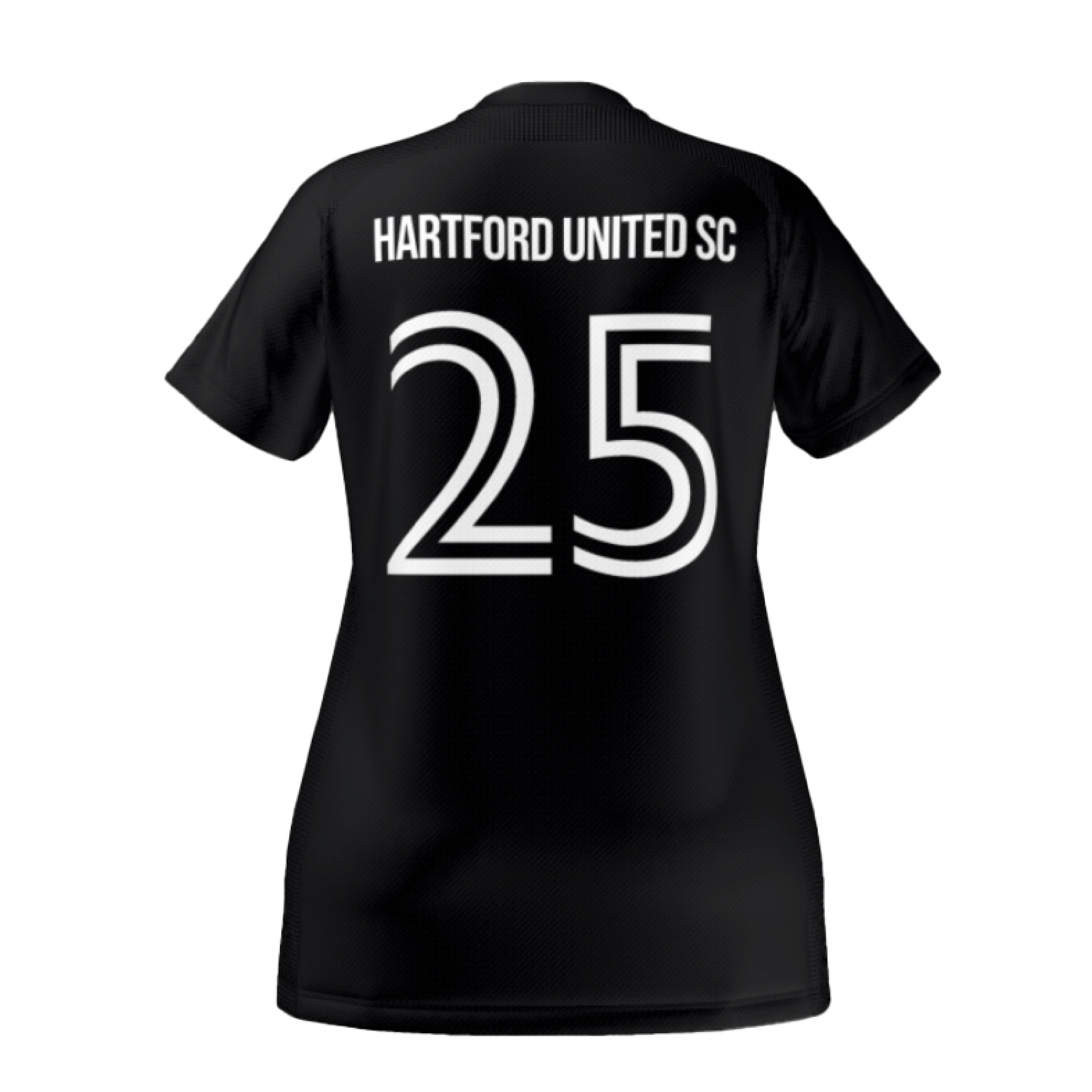 Back of a black Hartford United SC soccer jersey featuring the number 25 in a large, white, double-lined font.