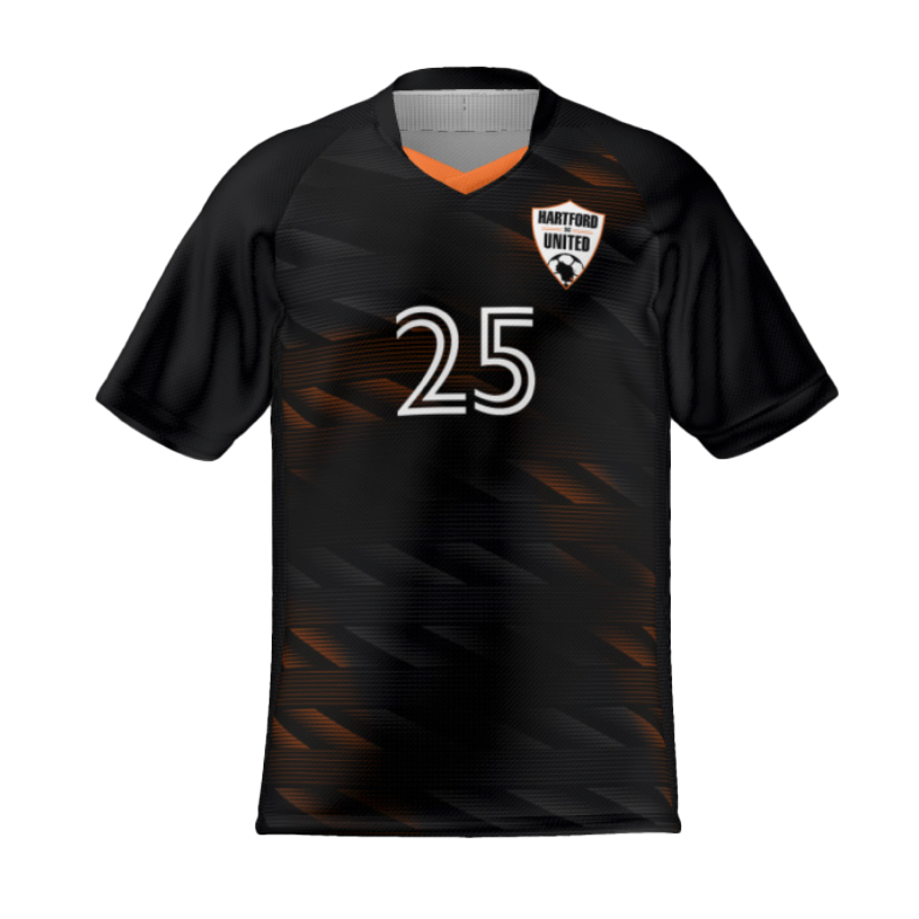 A black soccer jersey with an orange graphic pattern, white number 25, and a Hartford United team crest on the chest.