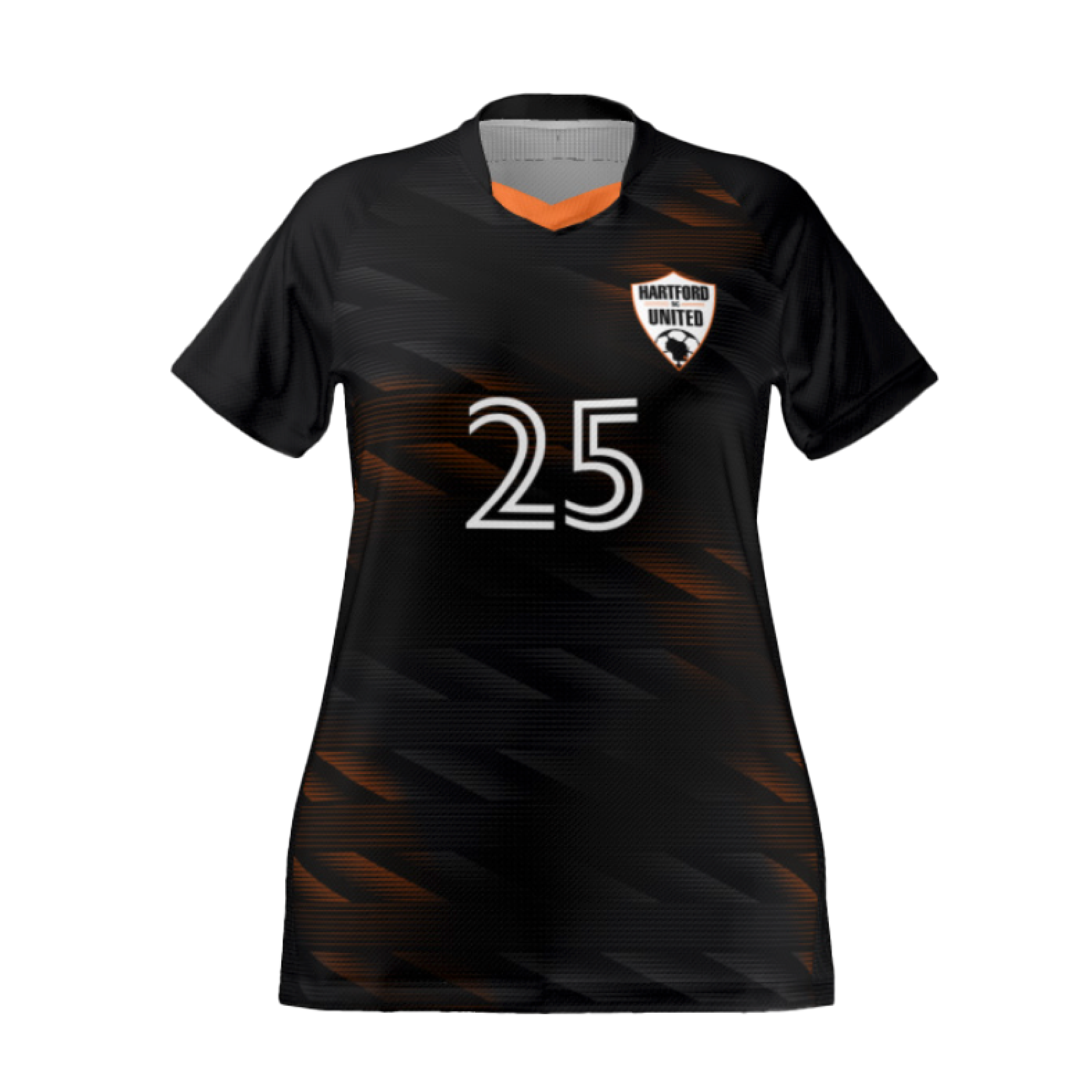 Black soccer jersey with orange diagonal accents, featuring a white number 25 and a Hartford United team crest.