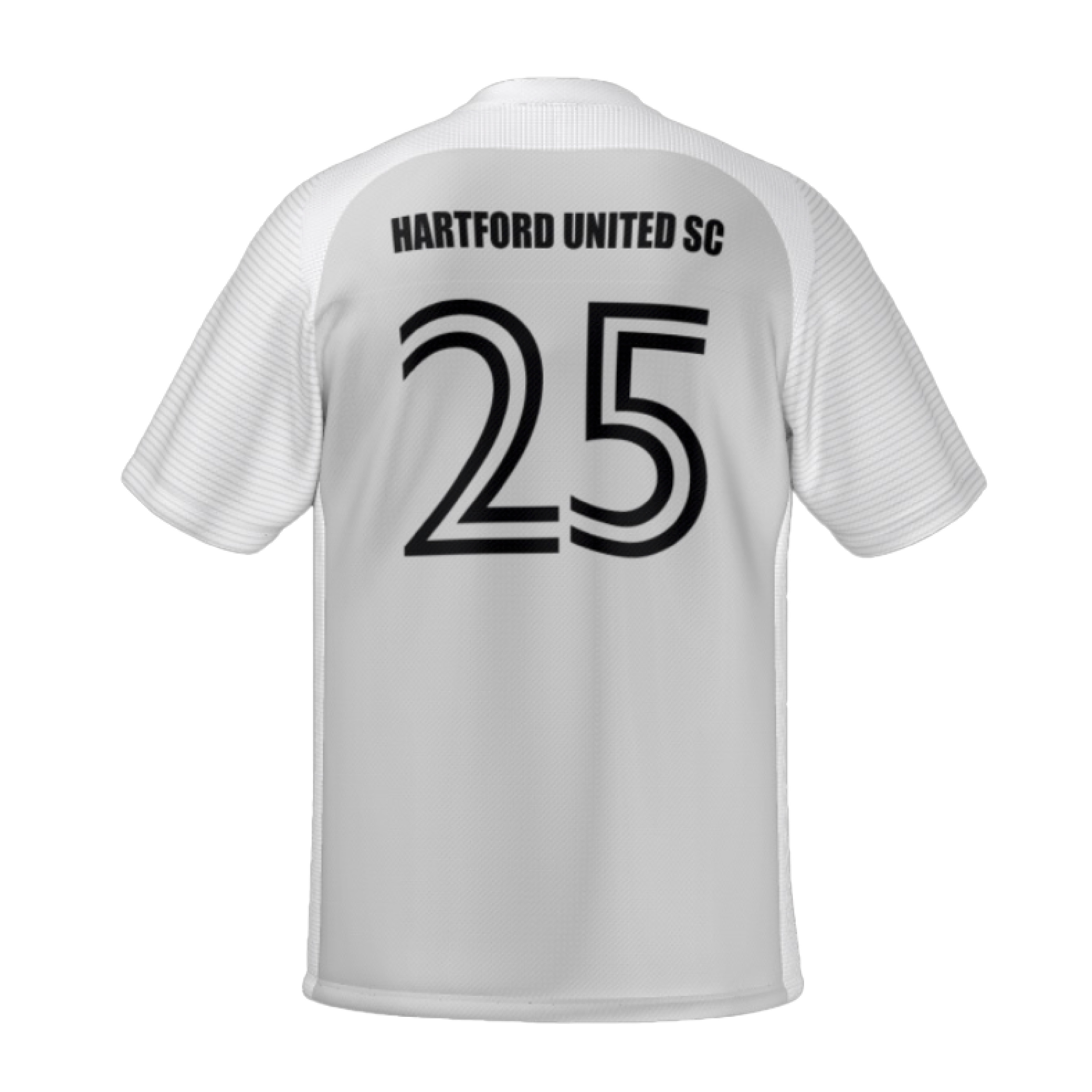 Back of a white short-sleeve soccer jersey with "HARTFORD UNITED SC" and the number 25 printed in black.