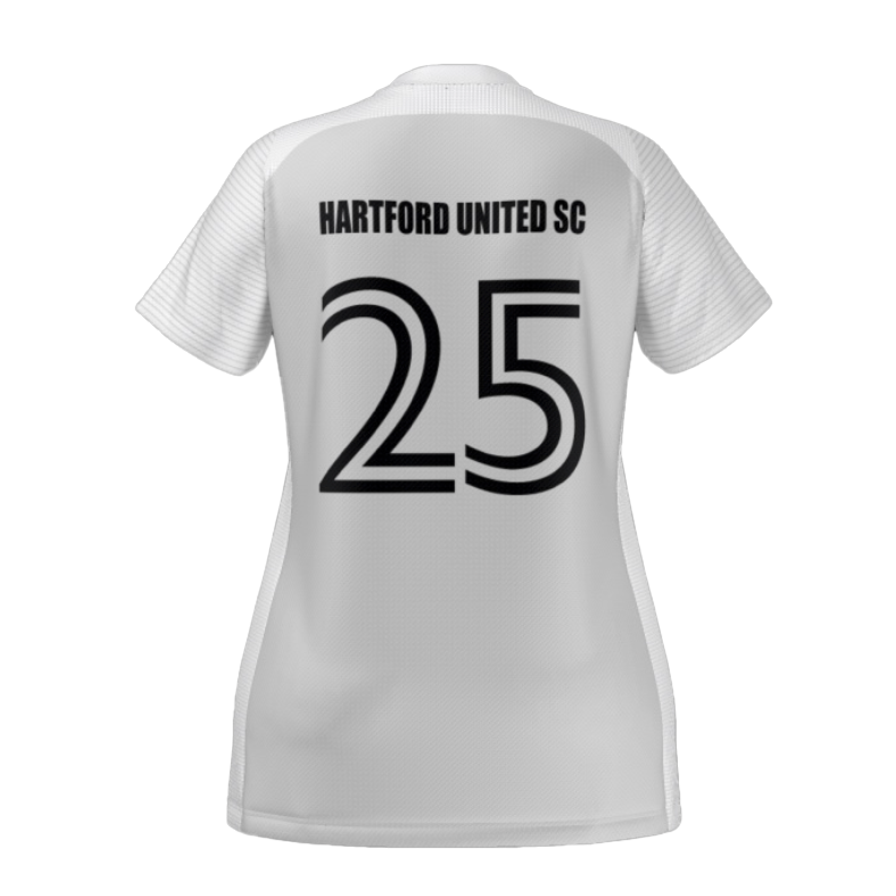 The back of a white short-sleeved soccer jersey with "HARTFORD UNITED SC" and a large, double-lined number 25 printed in black.