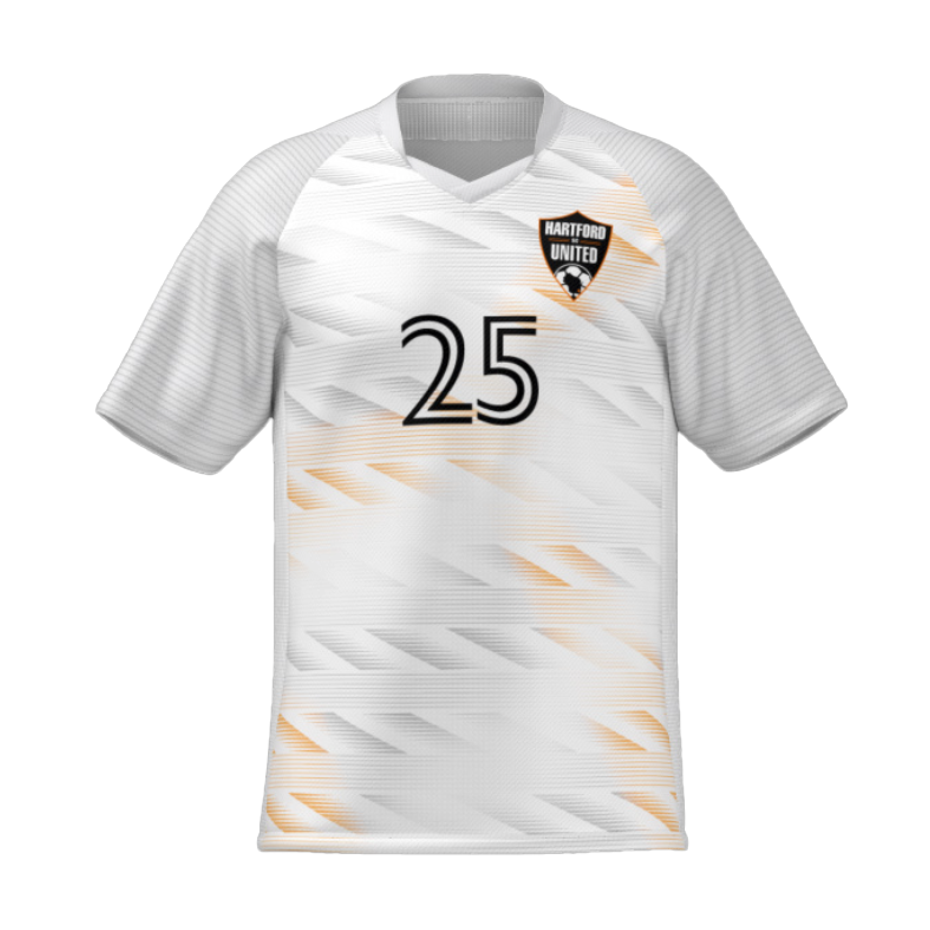 White soccer jersey with grey and orange diagonal graphics, a black number 25, and a Hartford United FC logo on the chest.