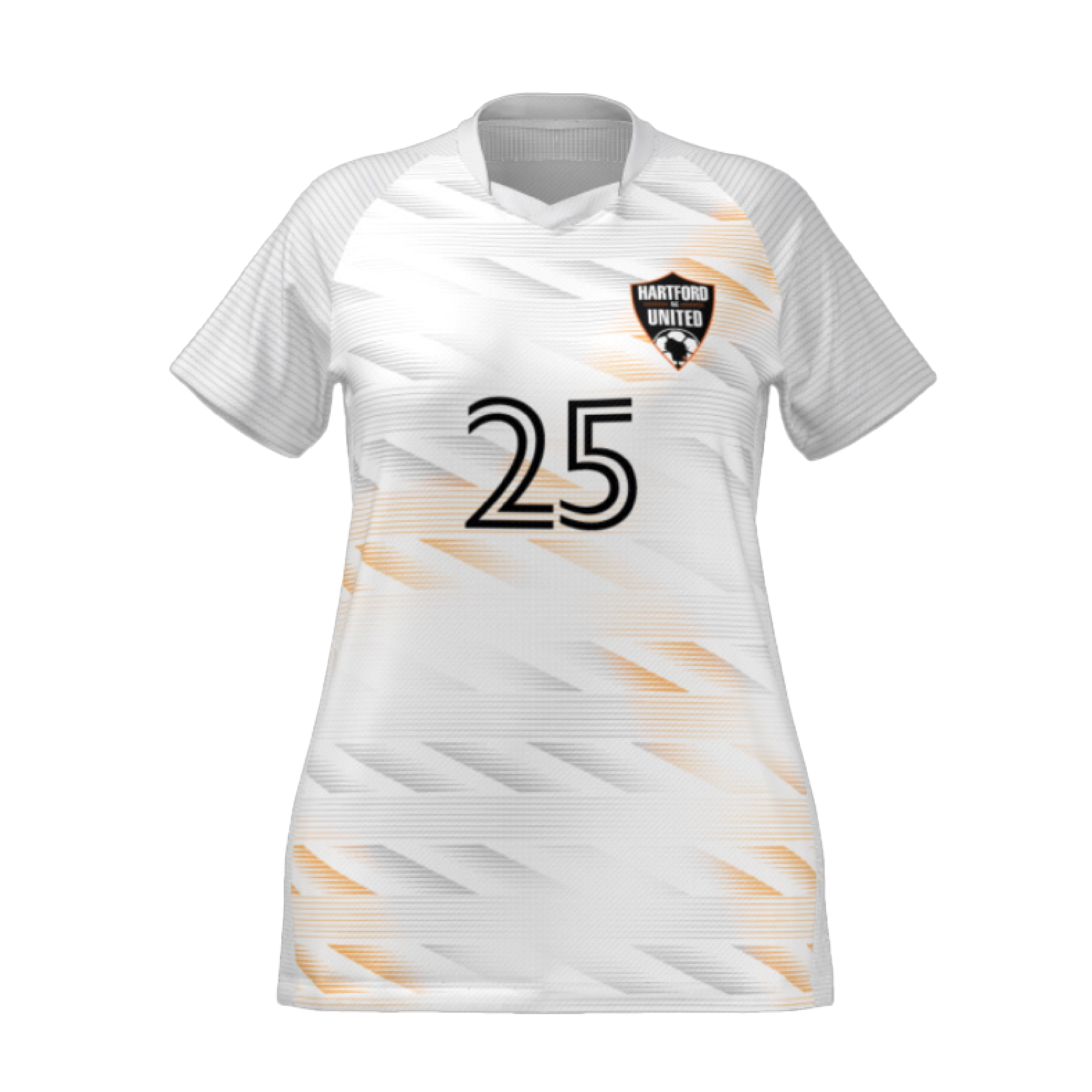 White soccer jersey with orange and grey diagonal patterns, featuring the Hartford United crest and the number 25.