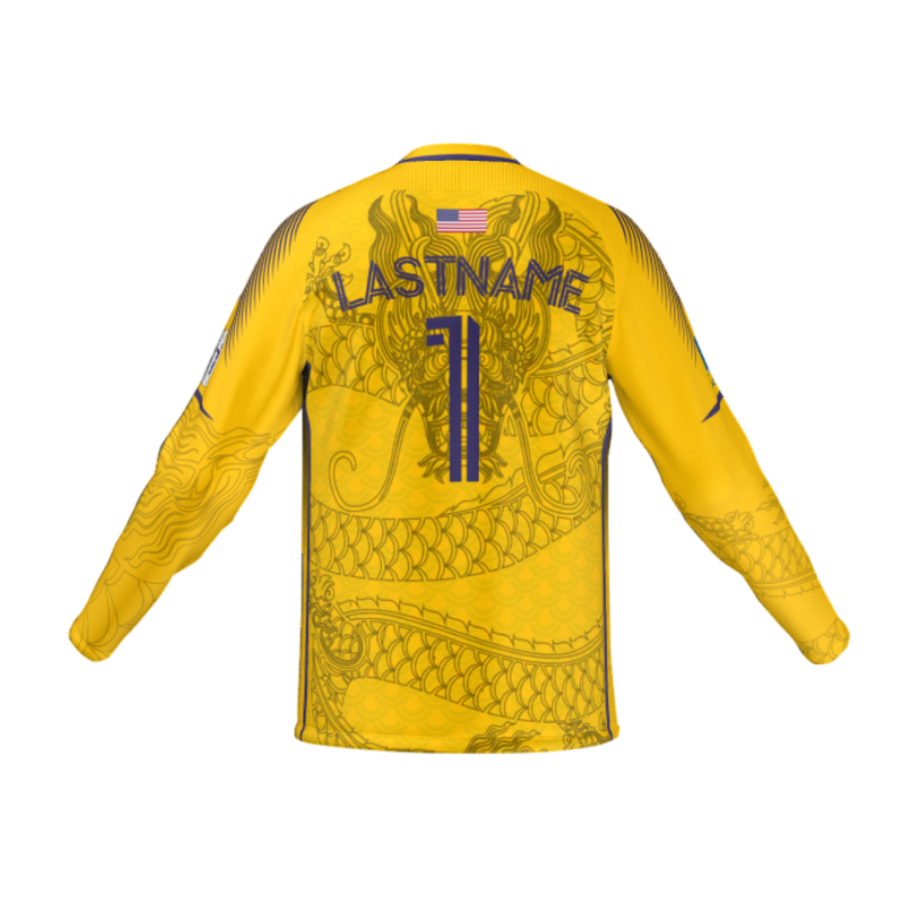 Back view of a yellow long-sleeved jersey featuring a large dragon graphic, purple "LASTNAME" text, the number 11, and a small U.S. flag.