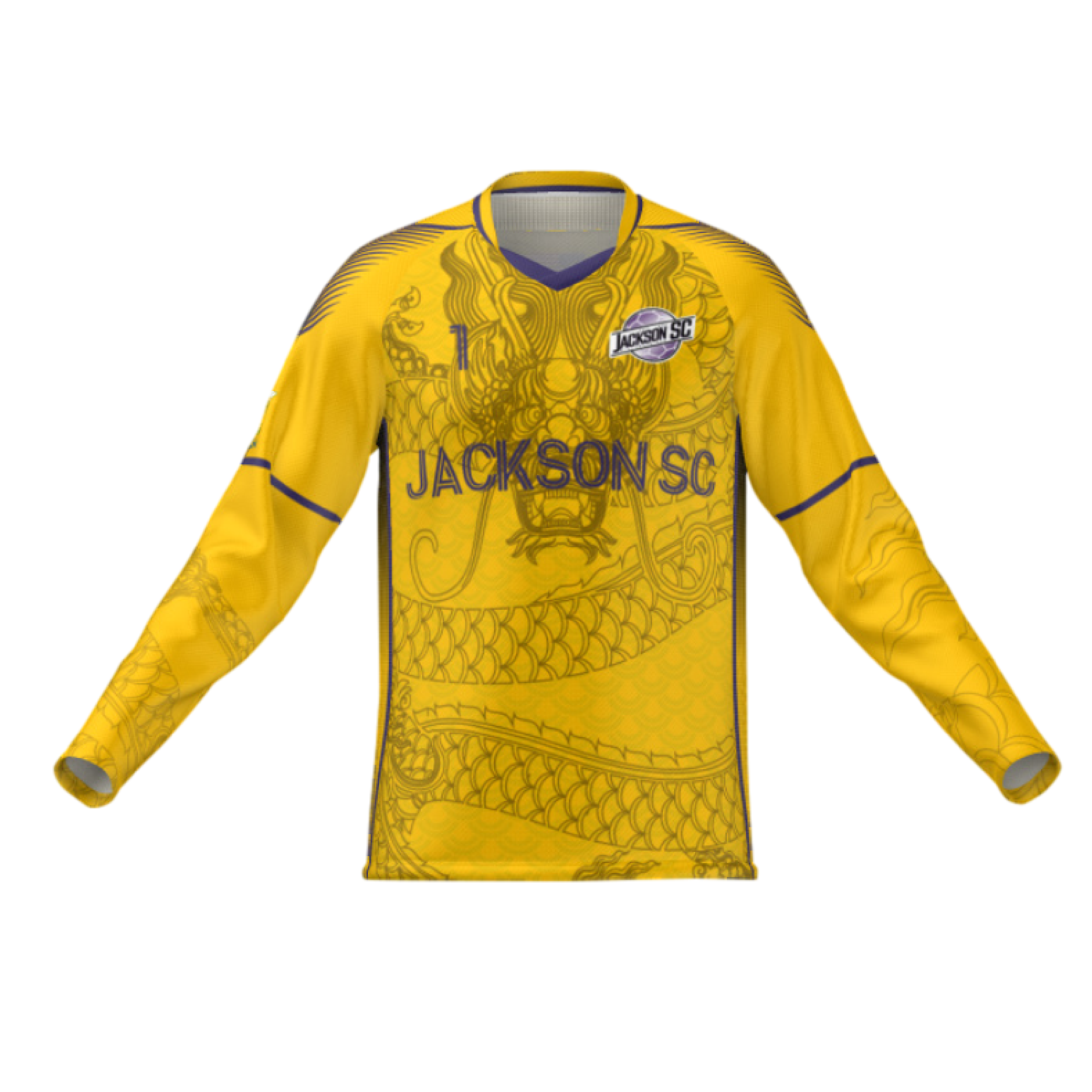 Yellow long-sleeved Jackson SC soccer jersey with a large, detailed dragon graphic across the front and sleeves. Purple accents include the team name, logo, and trim.