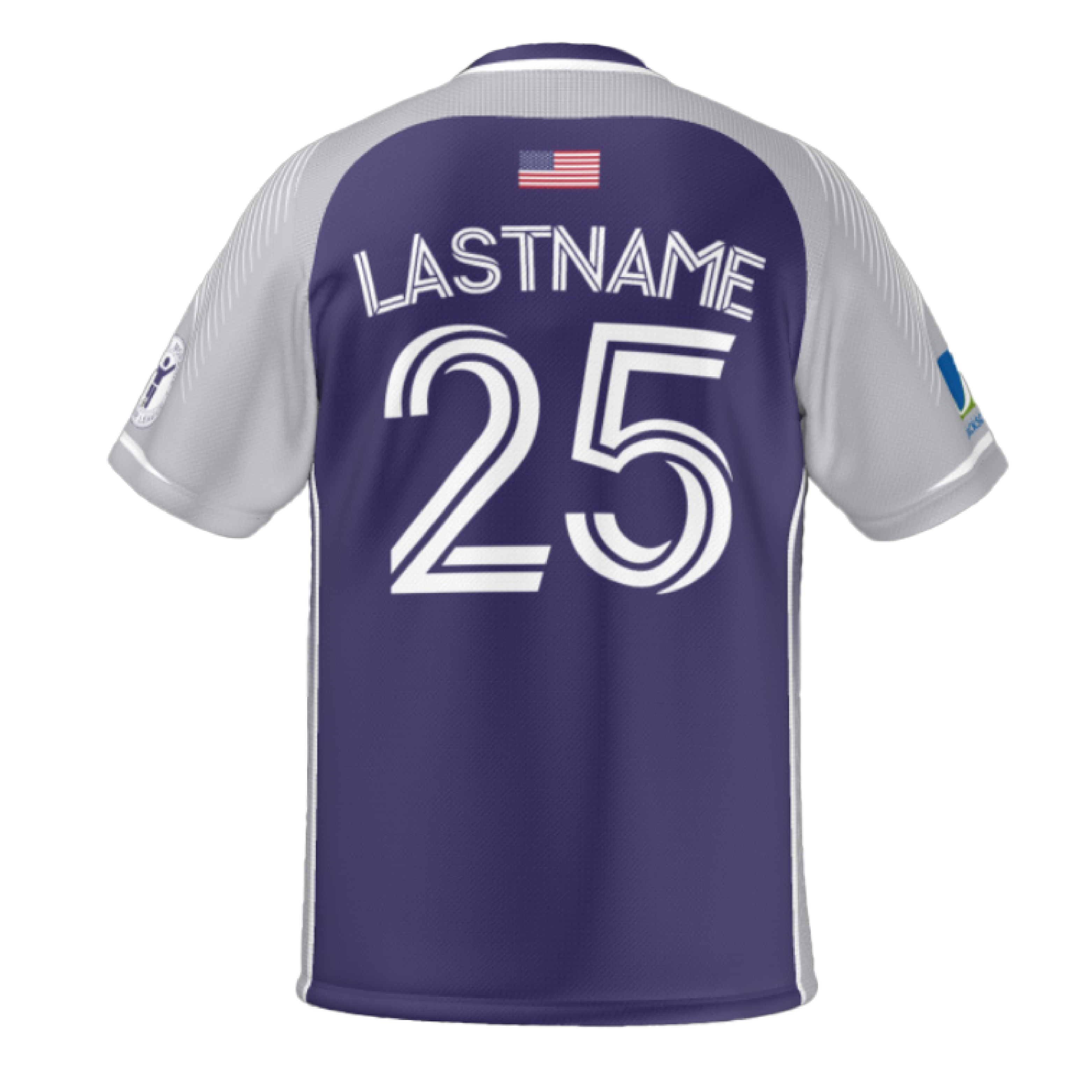 Back of a purple and gray sports jersey with "LASTNAME" and the number 25 in a white, stylized font. A small American flag is at the top center.