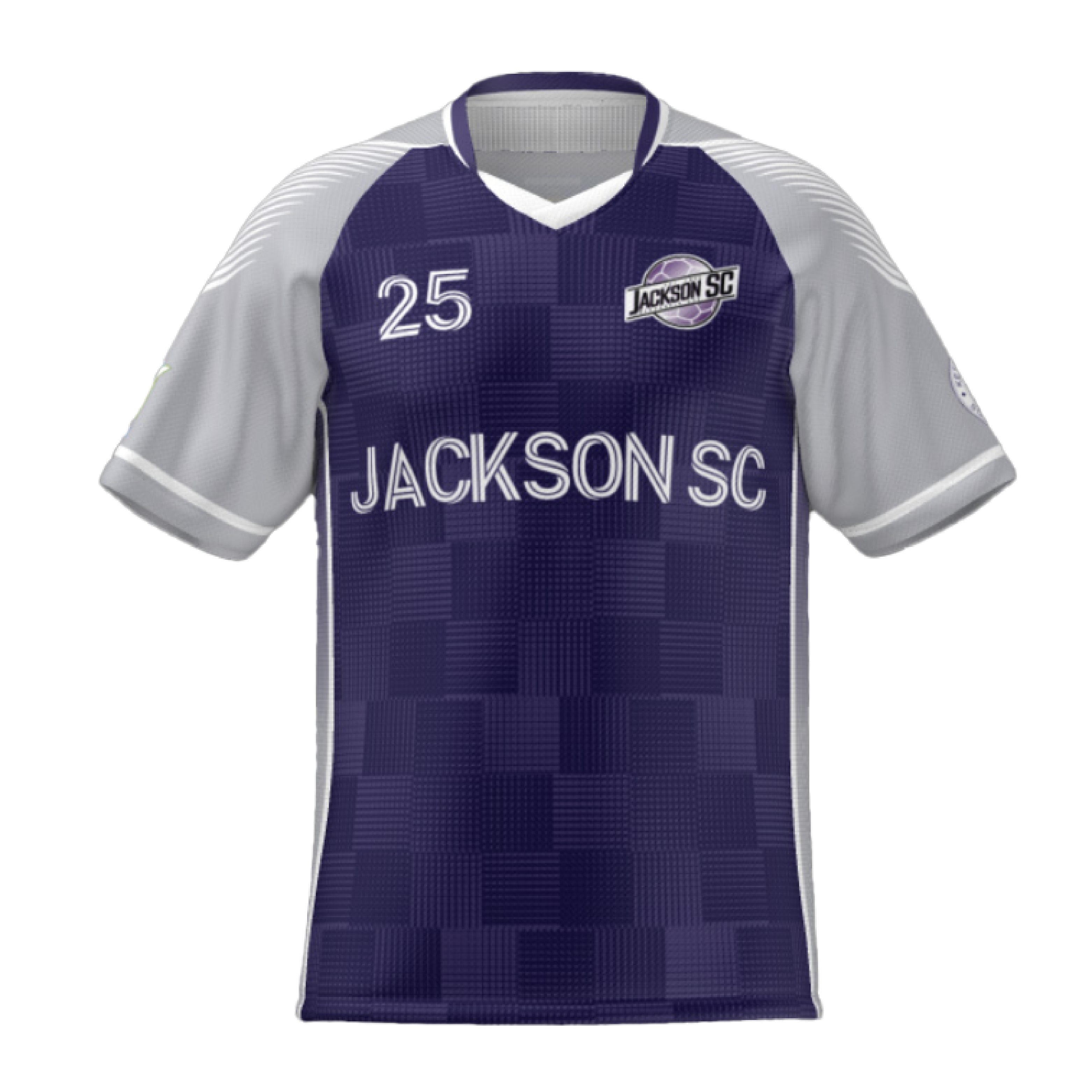 A purple and gray soccer jersey featuring "JACKSON SC" in white across the chest, the number 25, a subtle checkered pattern on the body, and a team crest.